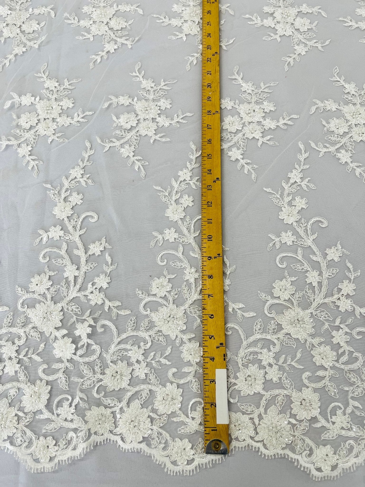 BIG FLORAL DAMASK BEADED MESH LACE FABRIC (By The Yard) - New Creations Fabric & Foam Inc