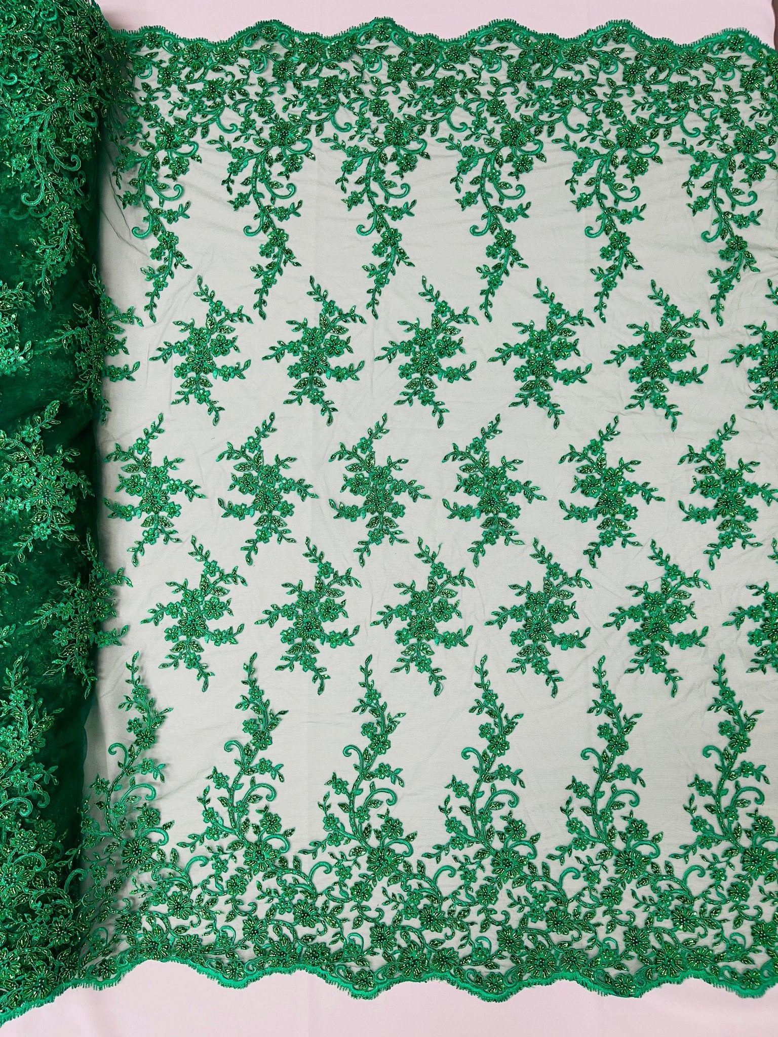 BIG FLORAL DAMASK BEADED MESH LACE FABRIC (By The Yard) - New Creations Fabric & Foam Inc