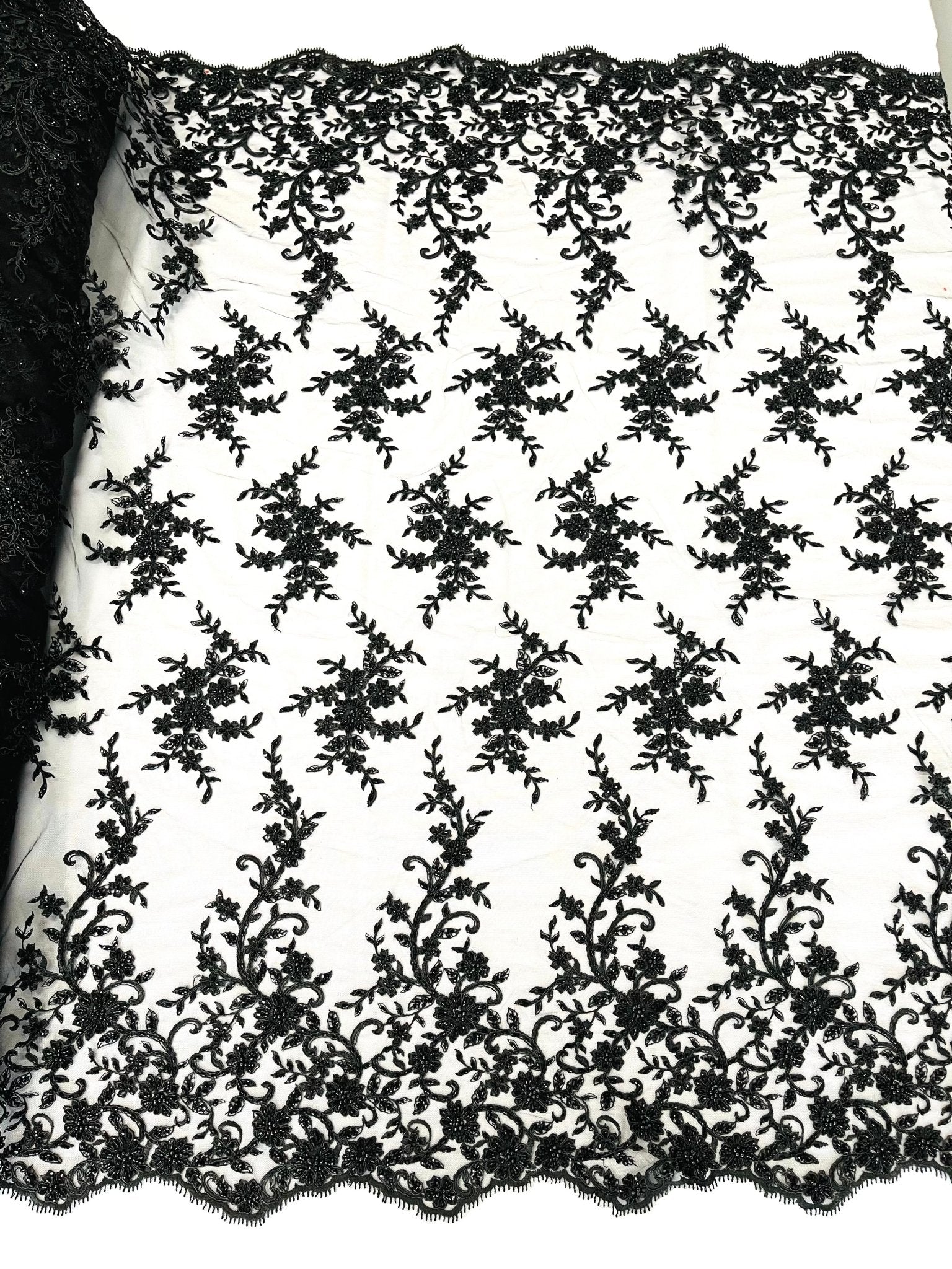 BIG FLORAL DAMASK BEADED MESH LACE FABRIC (By The Yard) - New Creations Fabric & Foam Inc