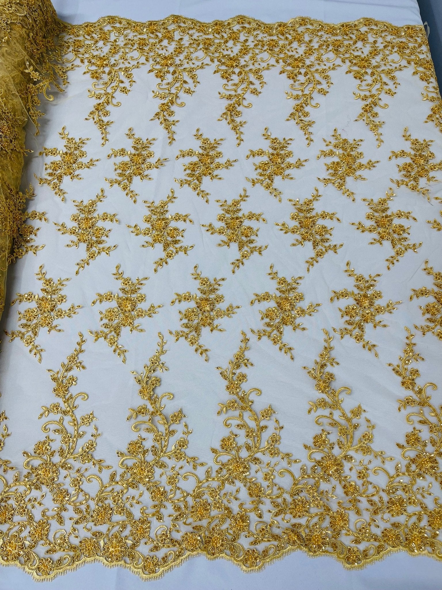 BIG FLORAL DAMASK BEADED MESH LACE FABRIC (By The Yard) - New Creations Fabric & Foam Inc