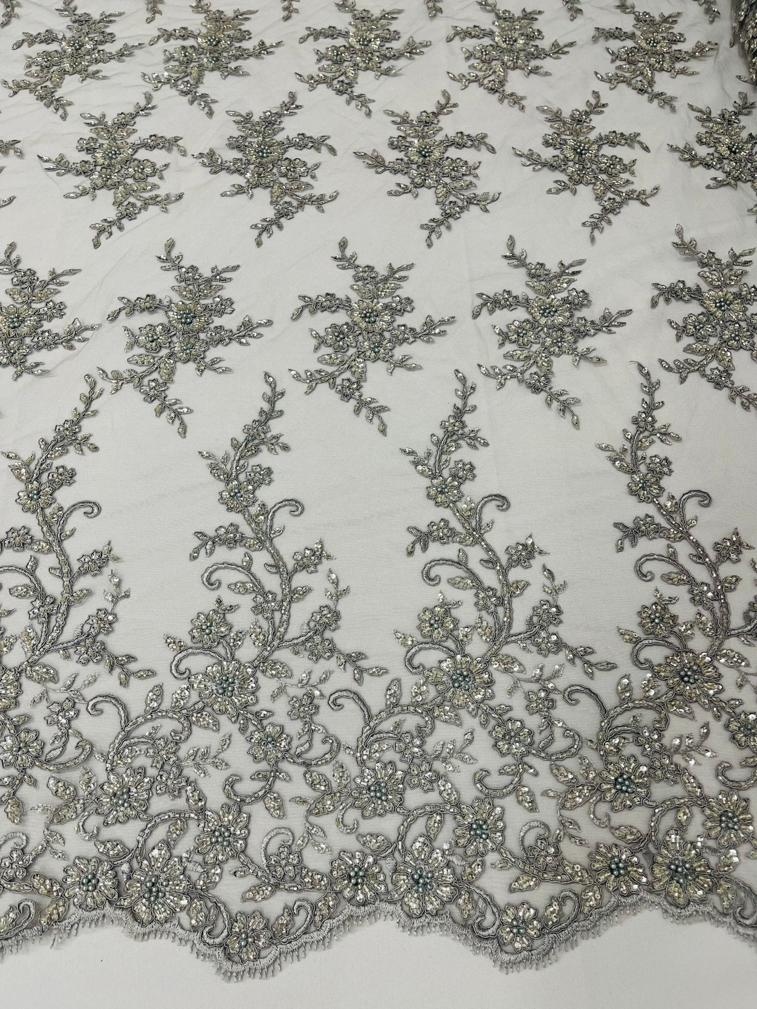 BIG FLORAL DAMASK BEADED MESH LACE FABRIC (By The Yard) - New Creations Fabric & Foam Inc