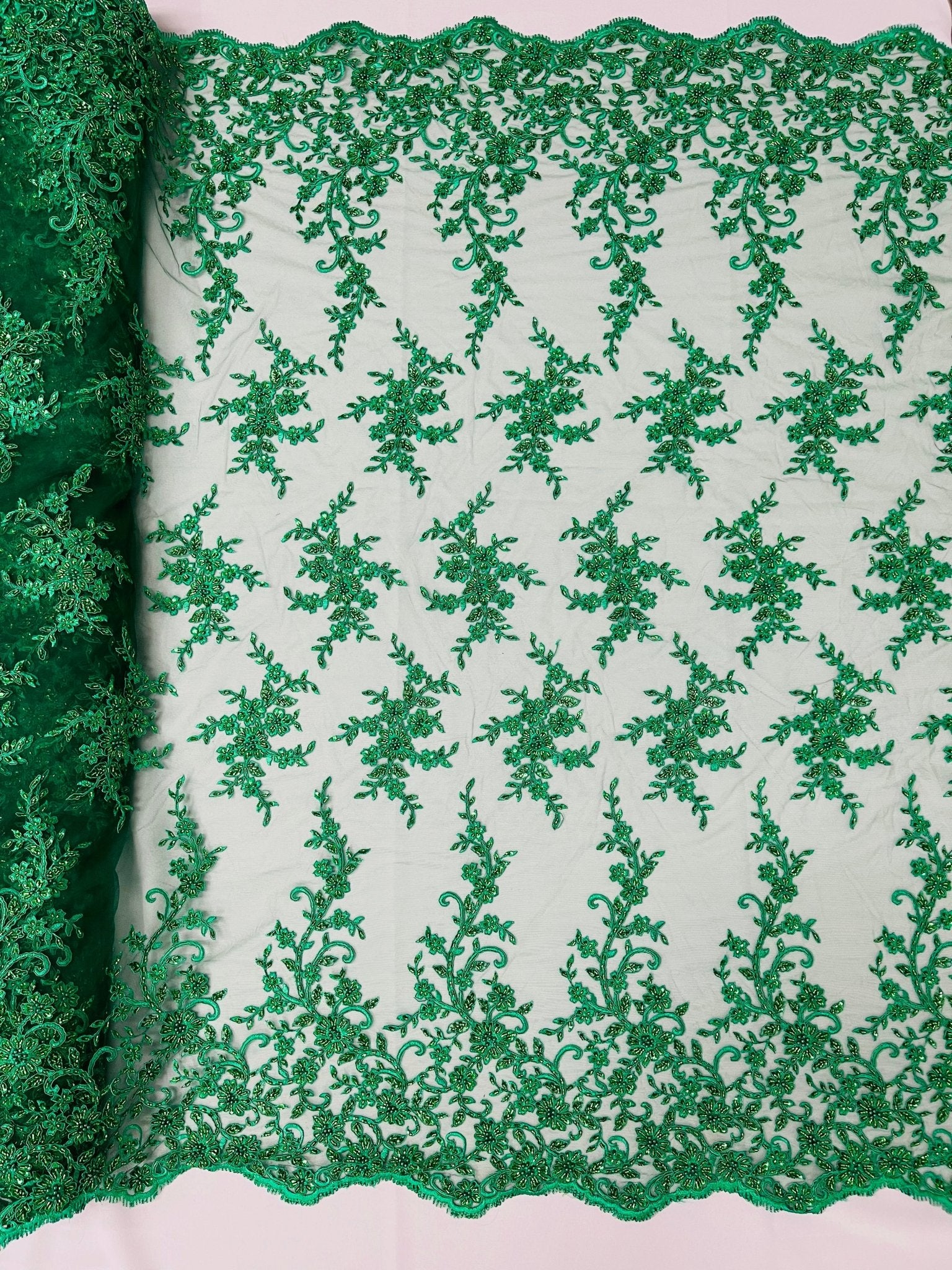 BIG FLORAL DAMASK BEADED MESH LACE FABRIC (By The Yard) - New Creations Fabric & Foam Inc