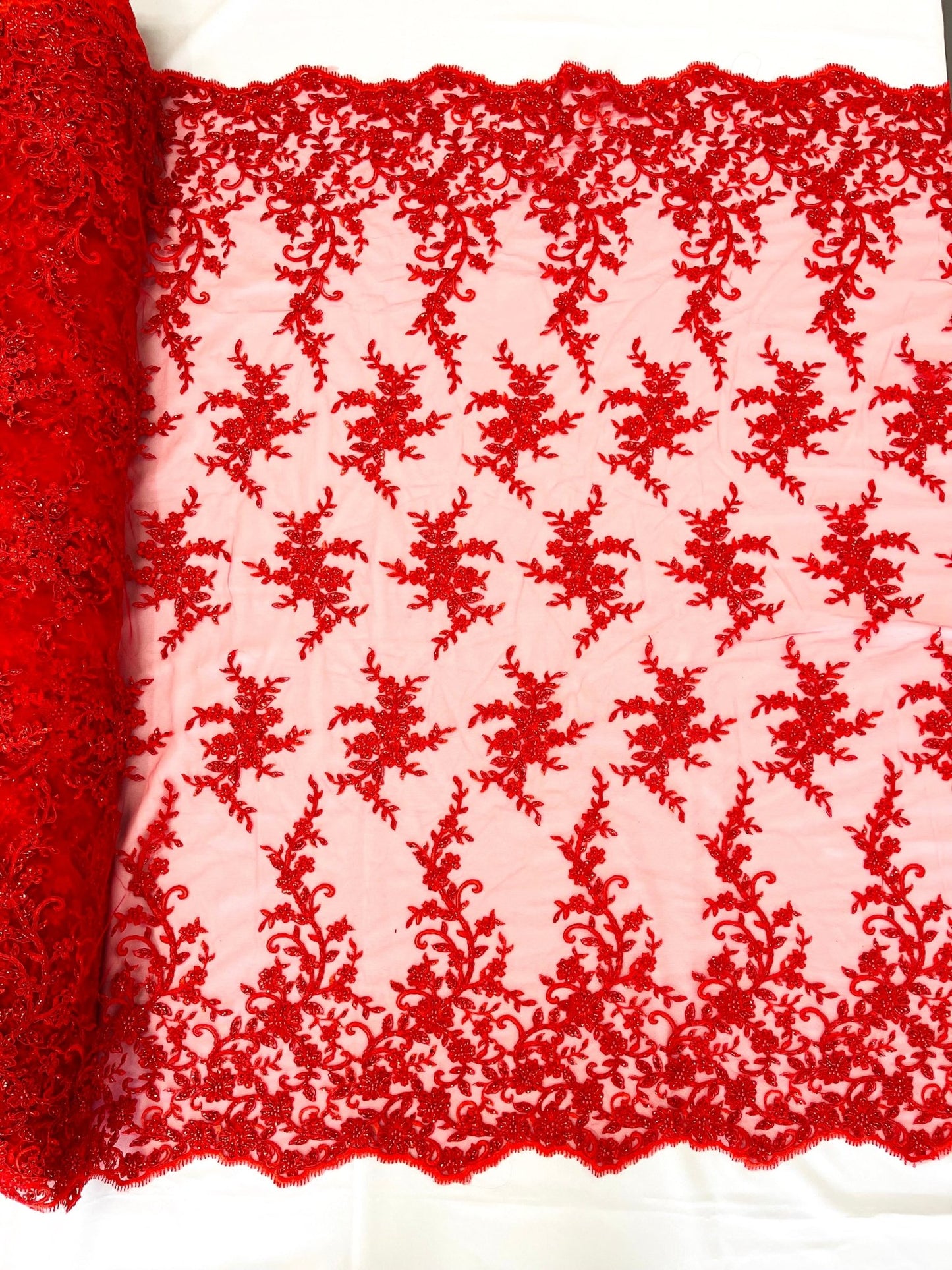 BIG FLORAL DAMASK BEADED MESH LACE FABRIC (By The Yard) - New Creations Fabric & Foam Inc