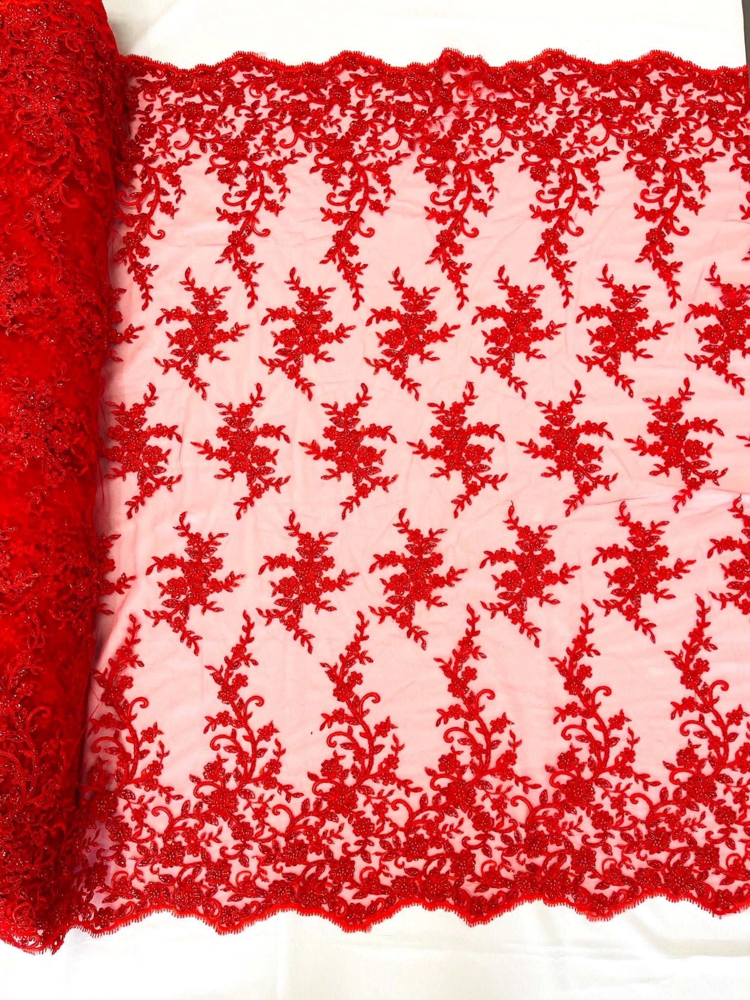 BIG FLORAL DAMASK BEADED MESH LACE FABRIC (By The Yard) - New Creations Fabric & Foam Inc