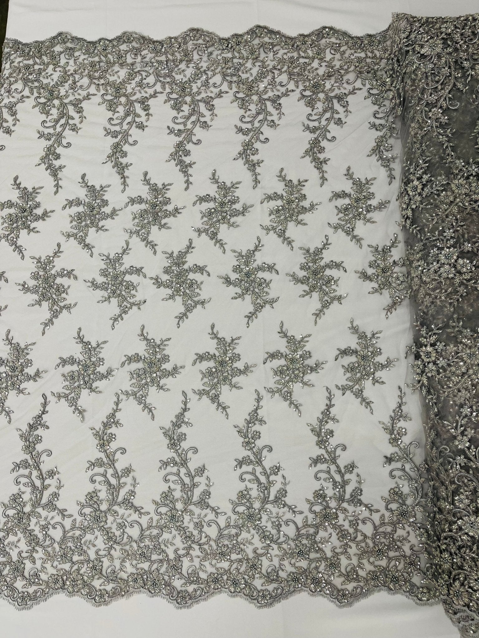 BIG FLORAL DAMASK BEADED MESH LACE FABRIC (By The Yard) - New Creations Fabric & Foam Inc
