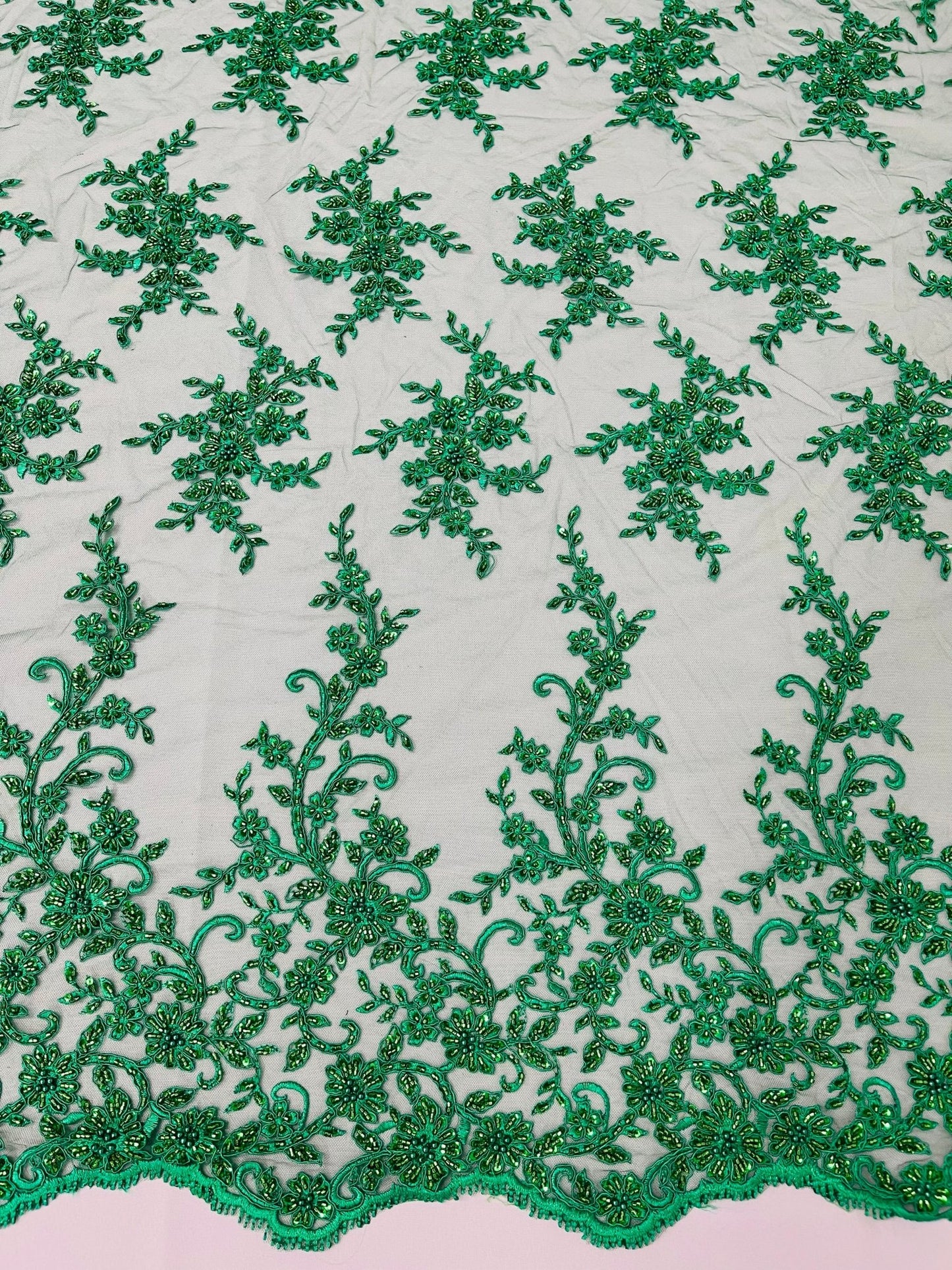 BIG FLORAL DAMASK BEADED MESH LACE FABRIC (By The Yard) - New Creations Fabric & Foam Inc