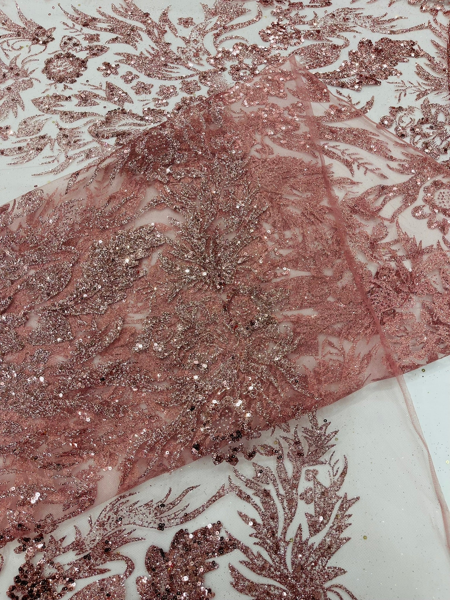 Big Glitter Damask Design On A Mesh Lace Fabric| New Creations Fabric & Foam Inc. - New Creations Fabric & Foam Inc
