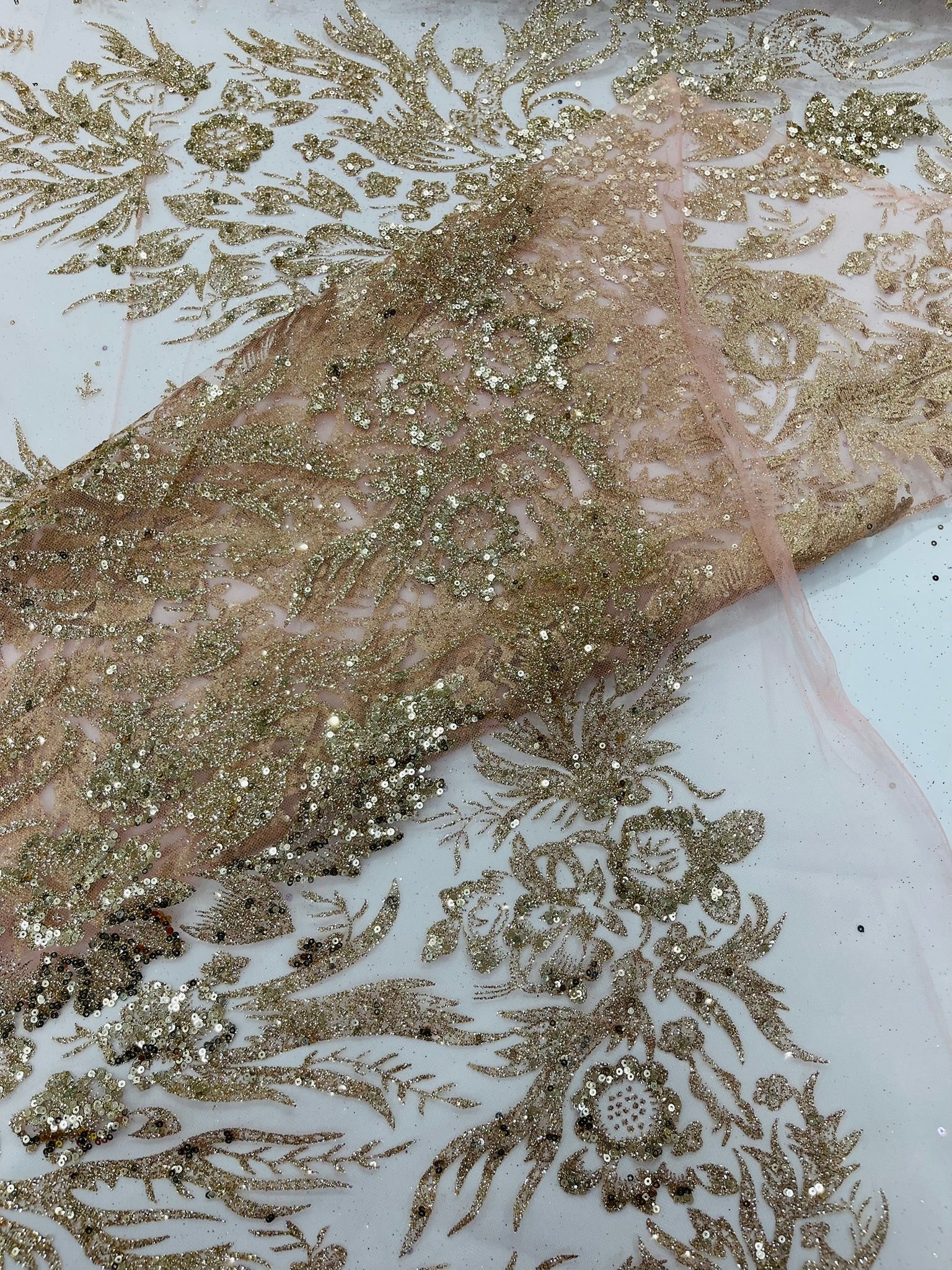 Big Glitter Damask Design On A Mesh Lace Fabric| New Creations Fabric & Foam Inc. - New Creations Fabric & Foam Inc