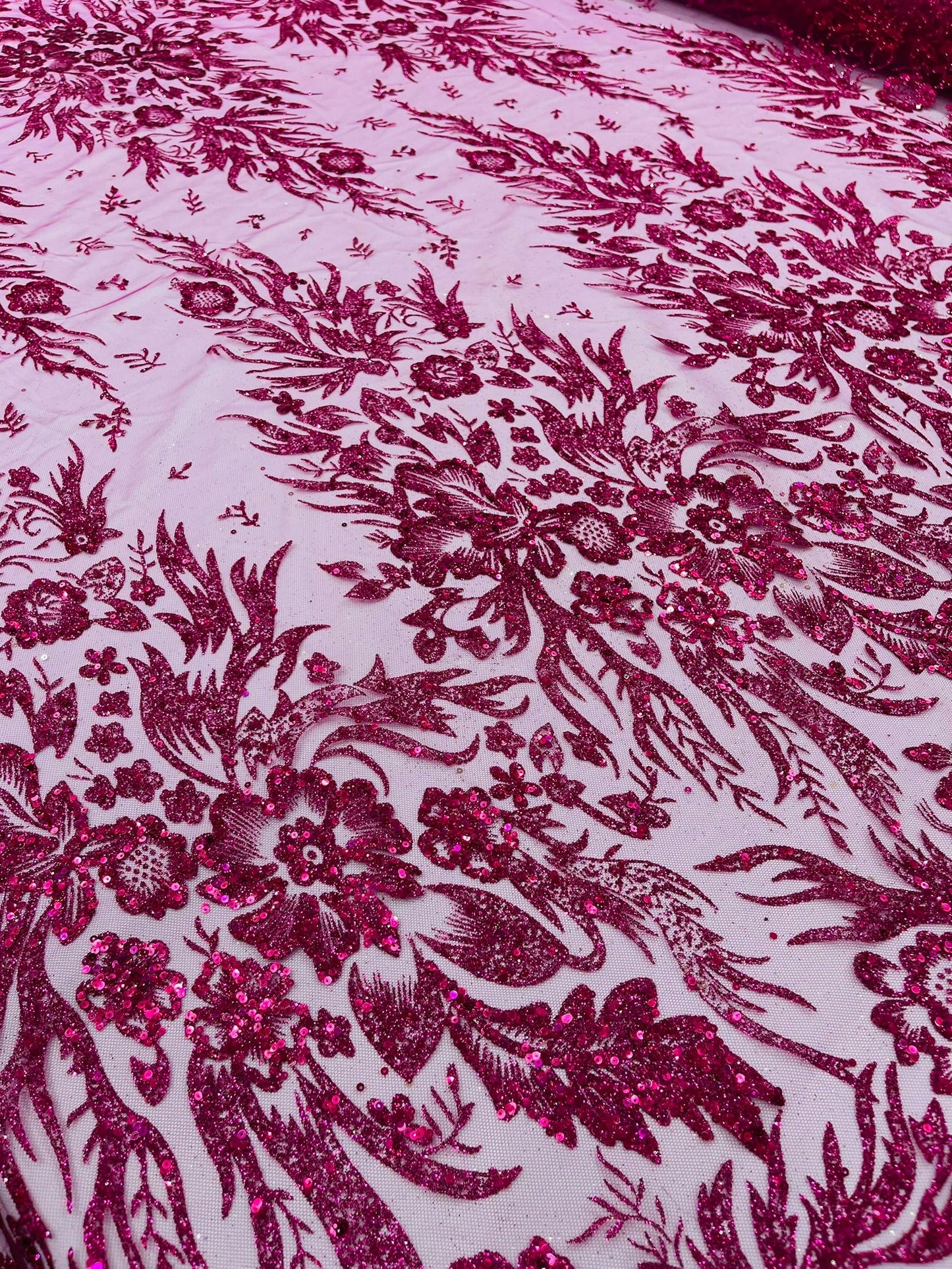 Big Glitter Damask Design On A Mesh Lace Fabric| New Creations Fabric & Foam Inc. - New Creations Fabric & Foam Inc