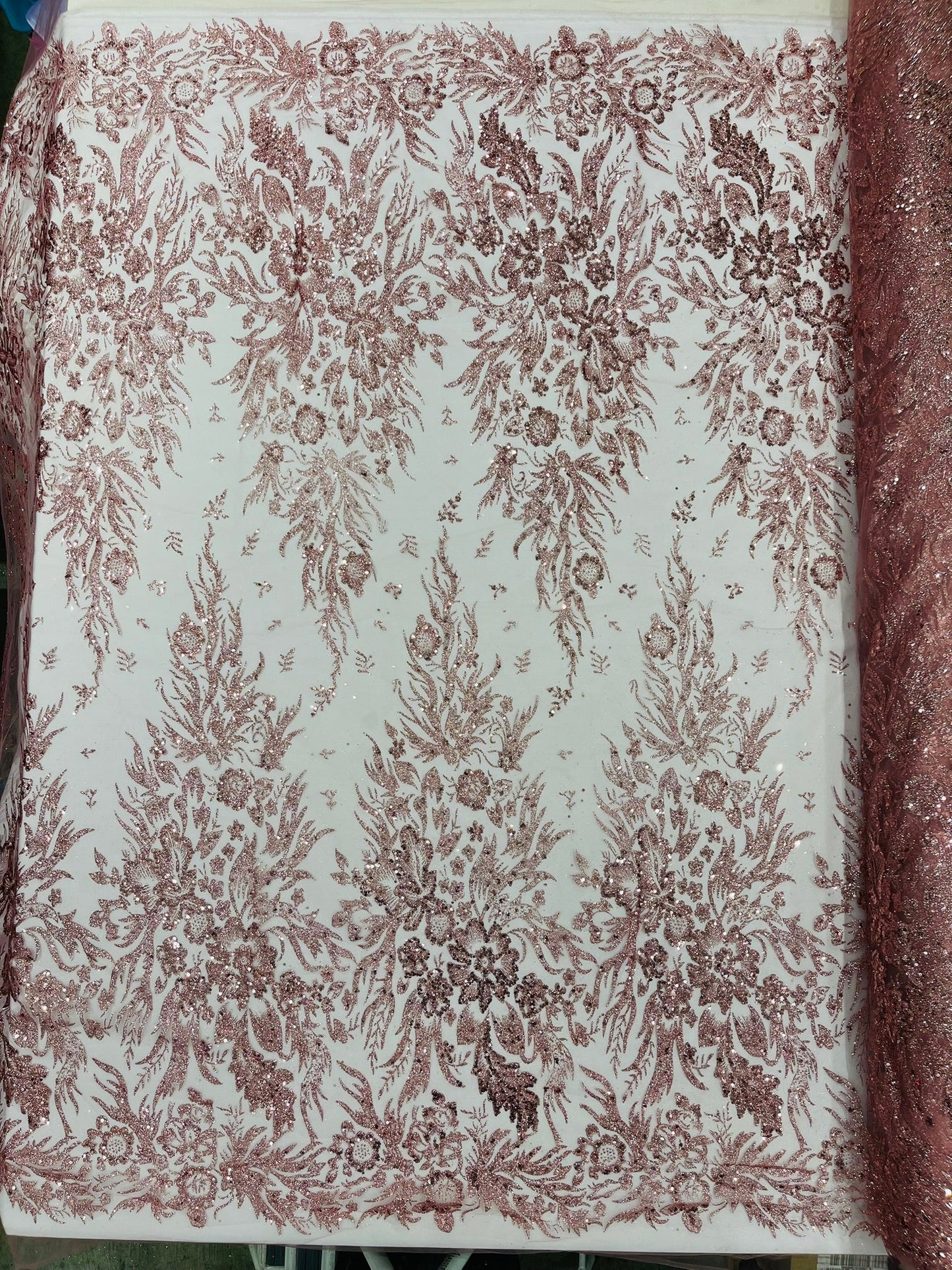 Big Glitter Damask Design On A Mesh Lace Fabric| New Creations Fabric & Foam Inc. - New Creations Fabric & Foam Inc