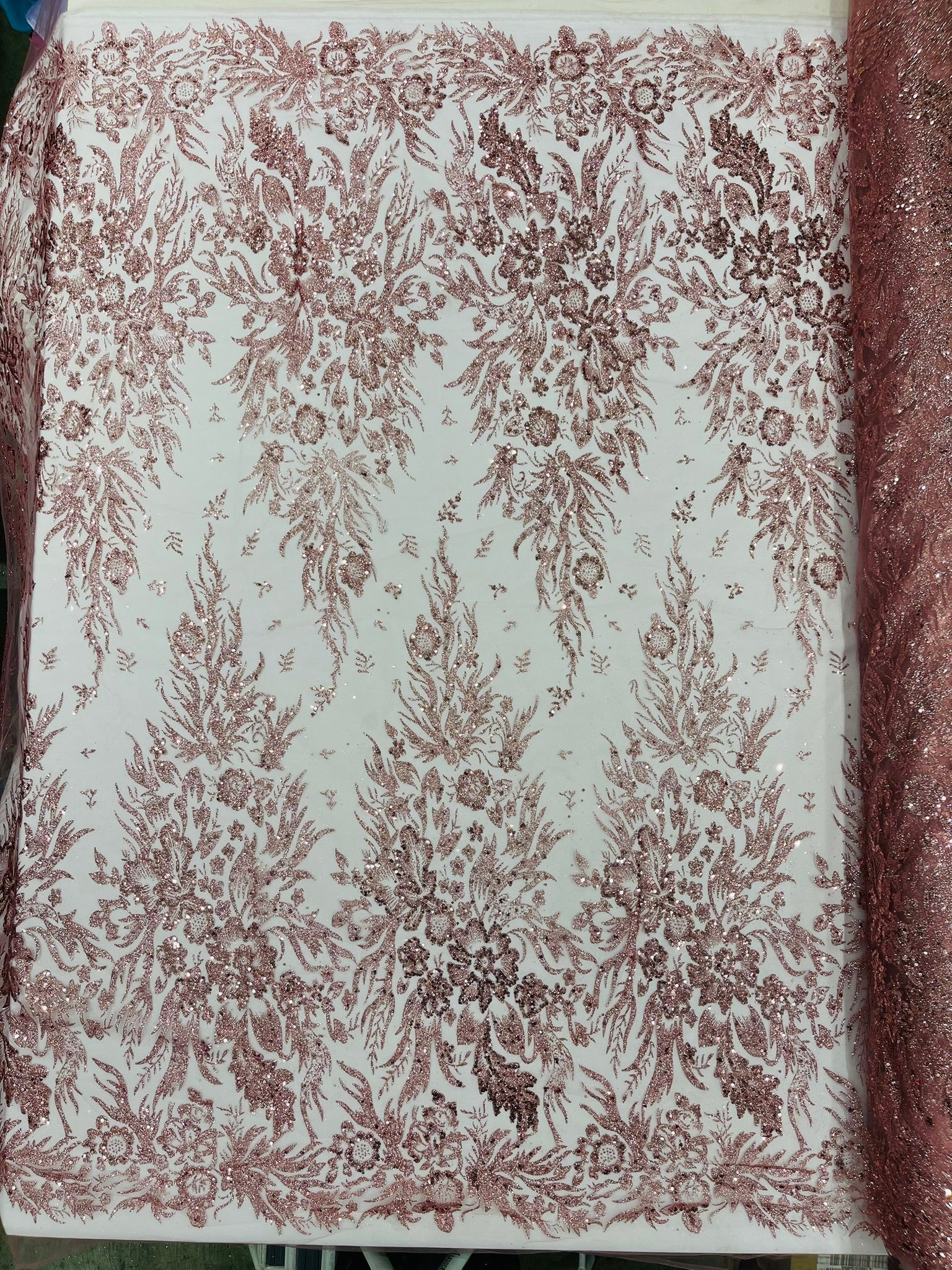 Big Glitter Damask Design On A Mesh Lace Fabric| New Creations Fabric & Foam Inc. - New Creations Fabric & Foam Inc