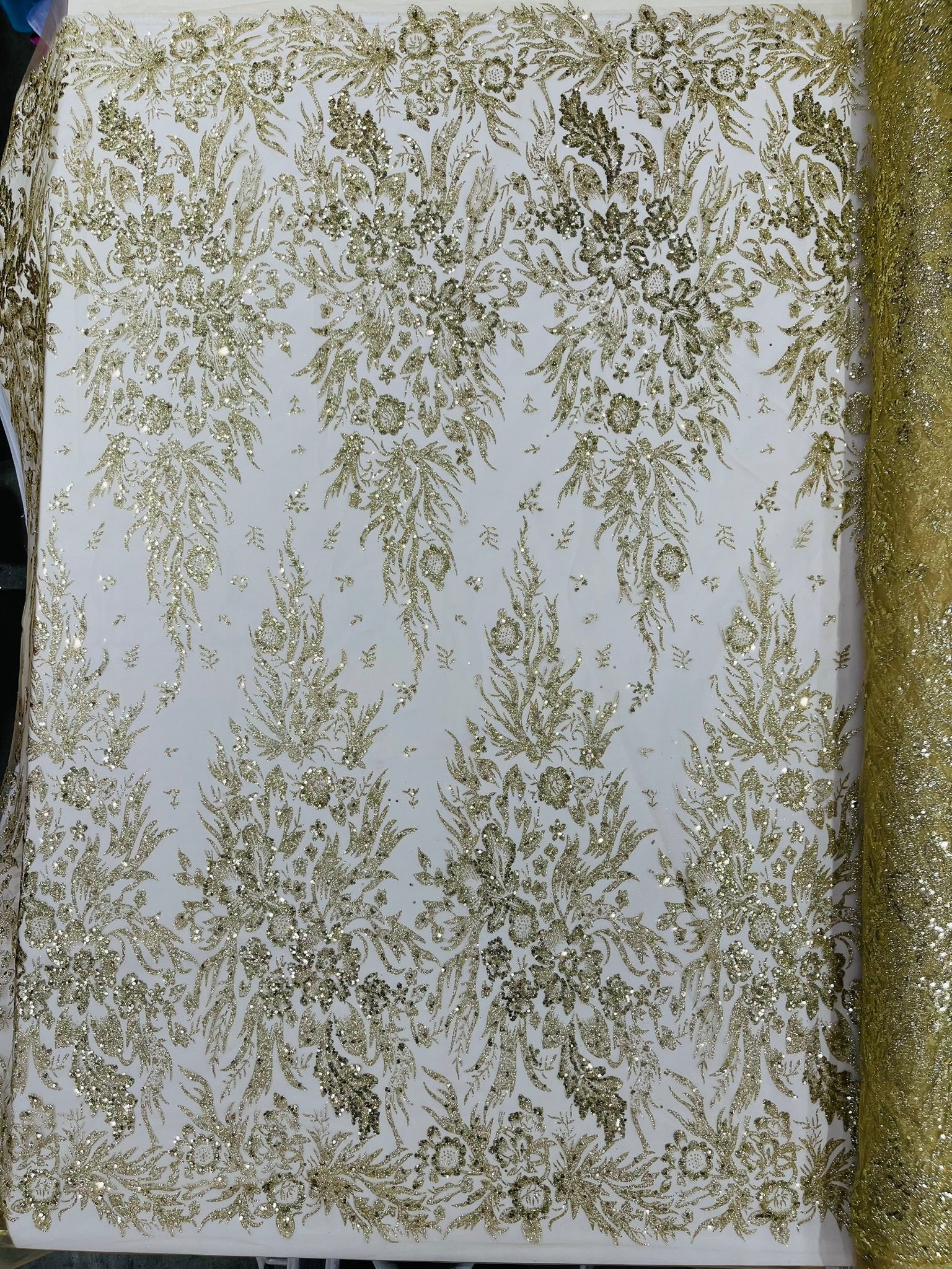 Big Glitter Damask Design On A Mesh Lace Fabric| New Creations Fabric & Foam Inc. - New Creations Fabric & Foam Inc