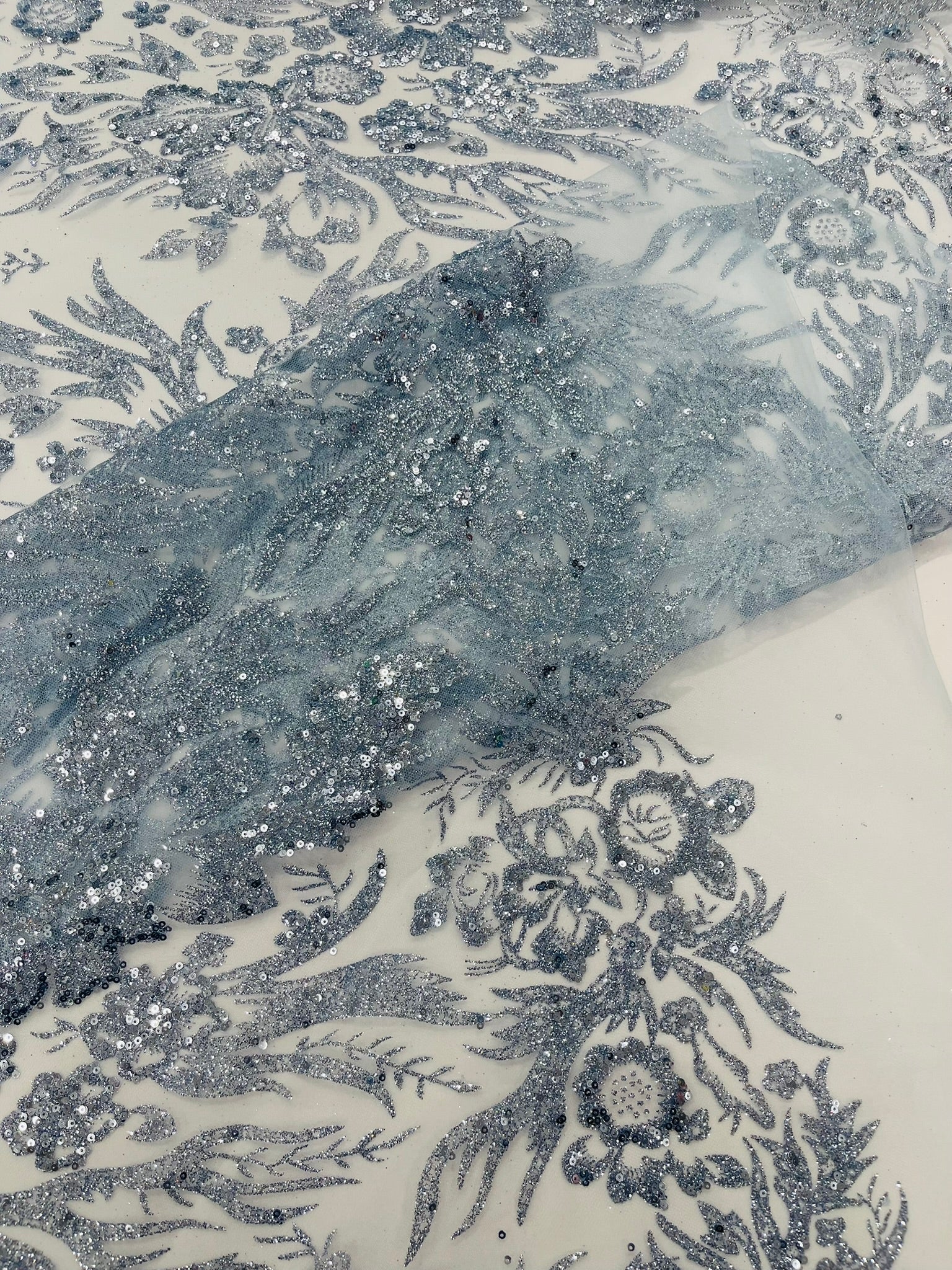 Big Glitter Damask Design On A Mesh Lace Fabric| New Creations Fabric & Foam Inc. - New Creations Fabric & Foam Inc