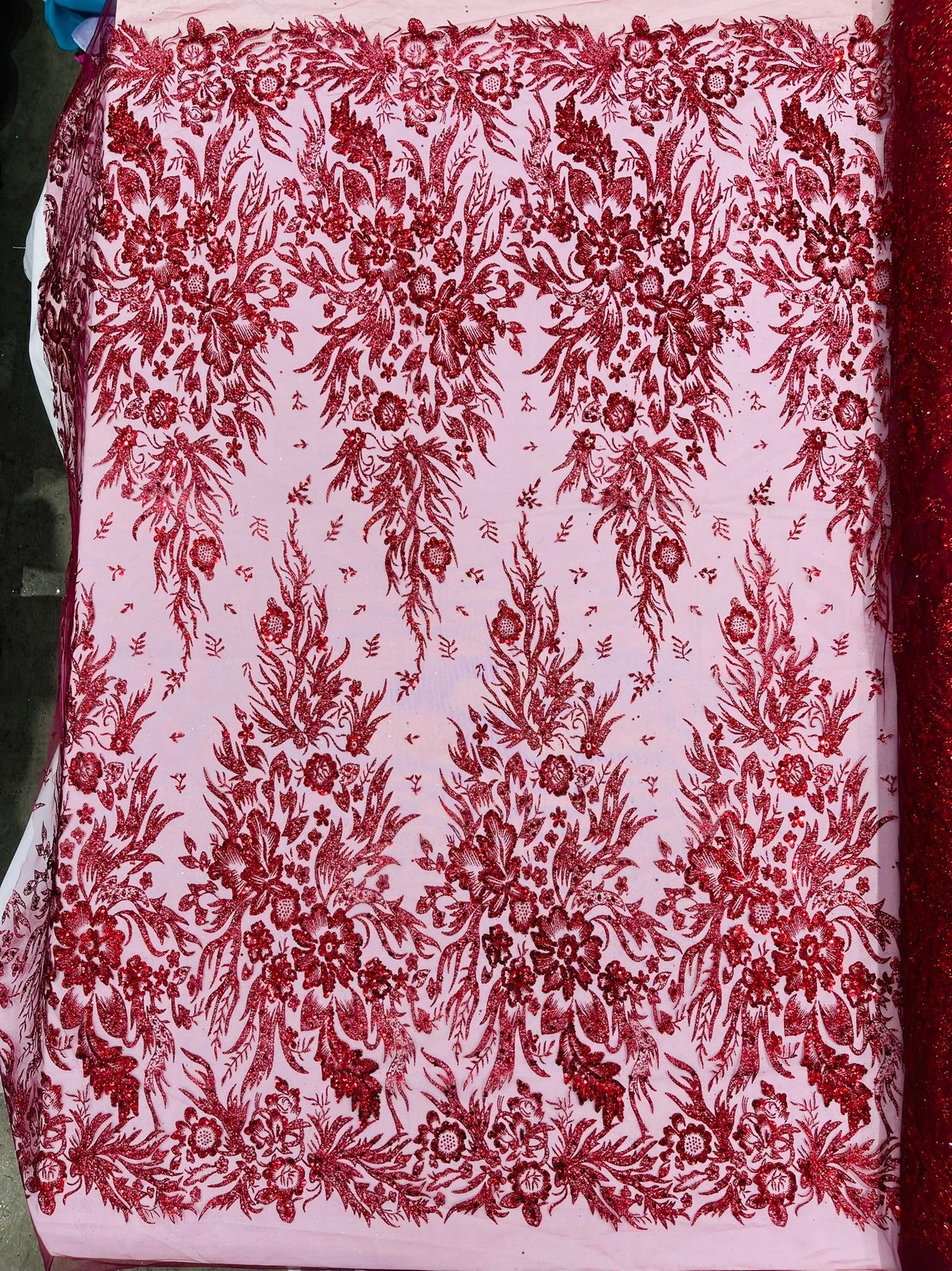 Big Glitter Damask Design On A Mesh Lace Fabric| New Creations Fabric & Foam Inc. - New Creations Fabric & Foam Inc