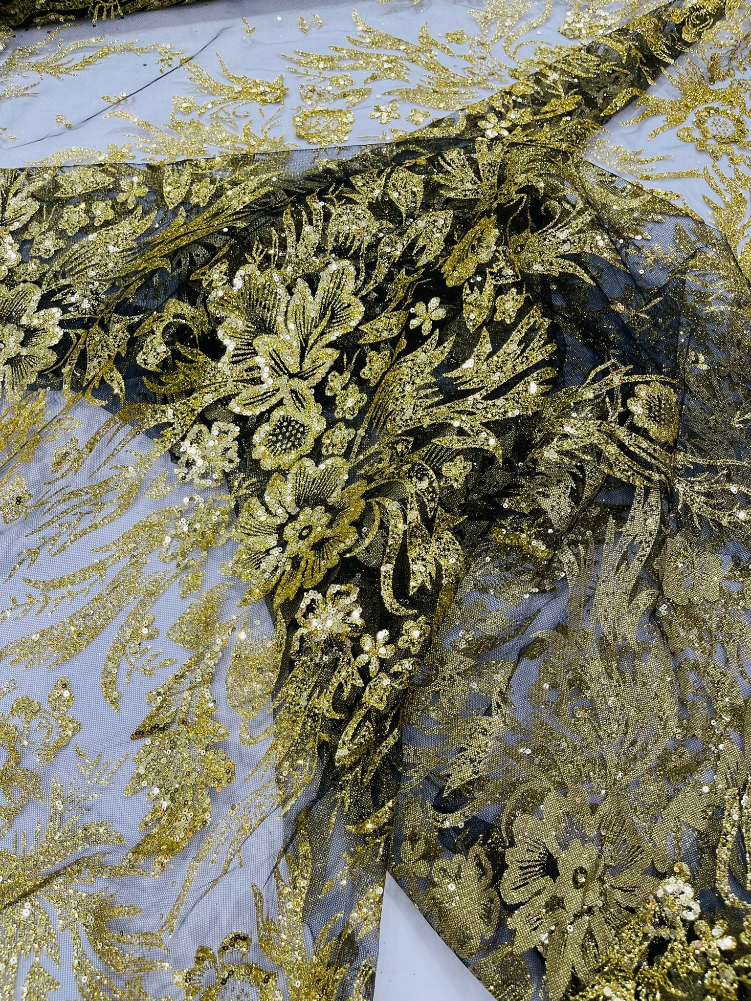 Big Glitter Damask Design On A Mesh Lace Fabric| New Creations Fabric & Foam Inc. - New Creations Fabric & Foam Inc