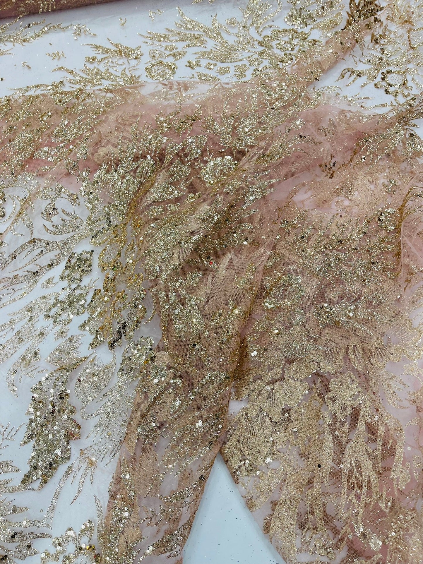 Big Glitter Damask Design On A Mesh Lace Fabric| New Creations Fabric & Foam Inc. - New Creations Fabric & Foam Inc