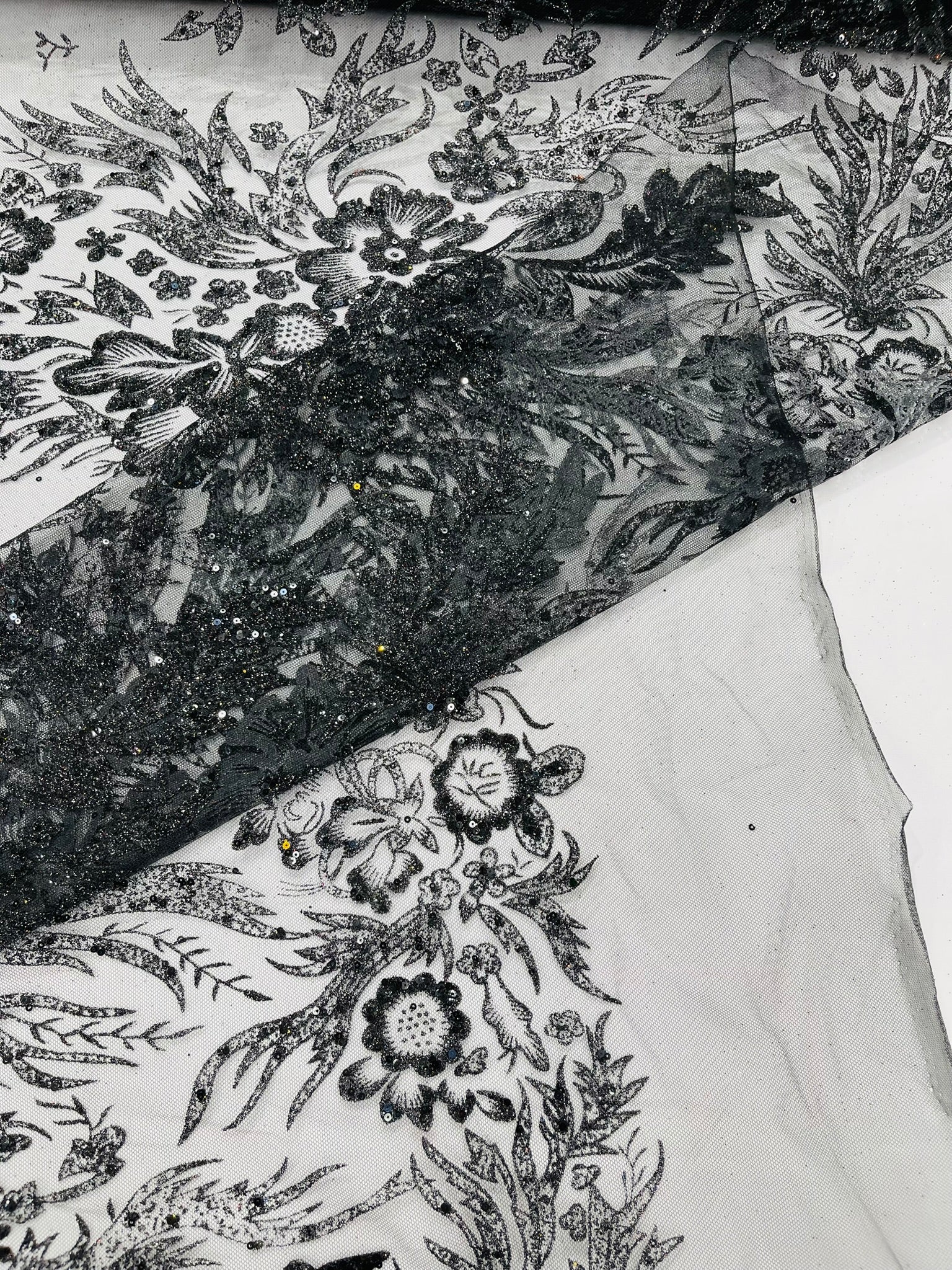 Big Glitter Damask Design On A Mesh Lace Fabric| New Creations Fabric & Foam Inc. - New Creations Fabric & Foam Inc