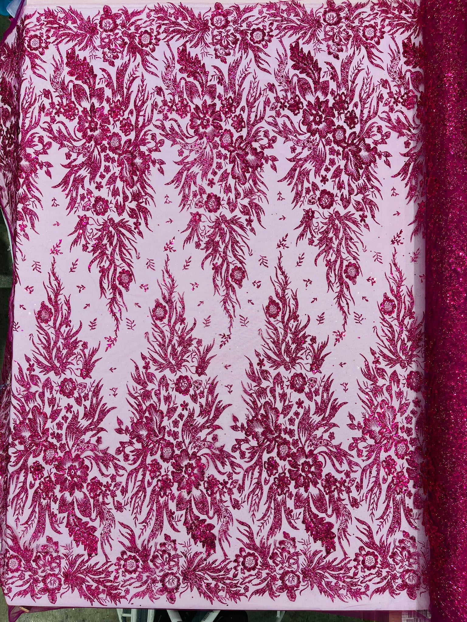 Big Glitter Damask Design On A Mesh Lace Fabric| New Creations Fabric & Foam Inc. - New Creations Fabric & Foam Inc