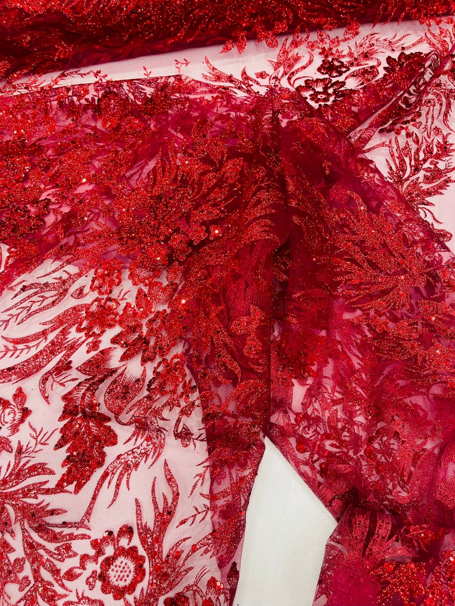 Big Glitter Damask Design On A Mesh Lace Fabric| New Creations Fabric & Foam Inc. - New Creations Fabric & Foam Inc