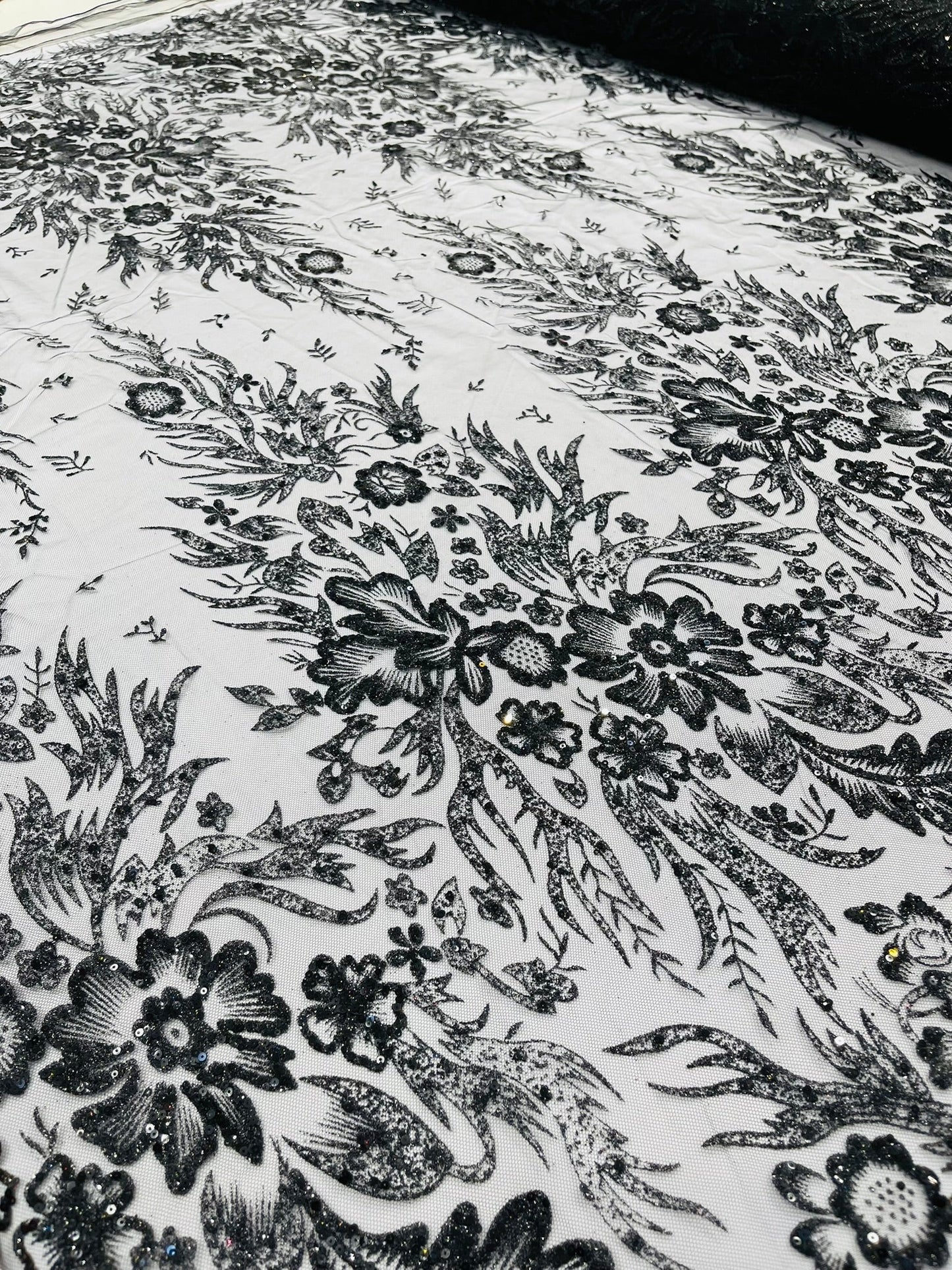Big Glitter Damask Design On A Mesh Lace Fabric| New Creations Fabric & Foam Inc. - New Creations Fabric & Foam Inc