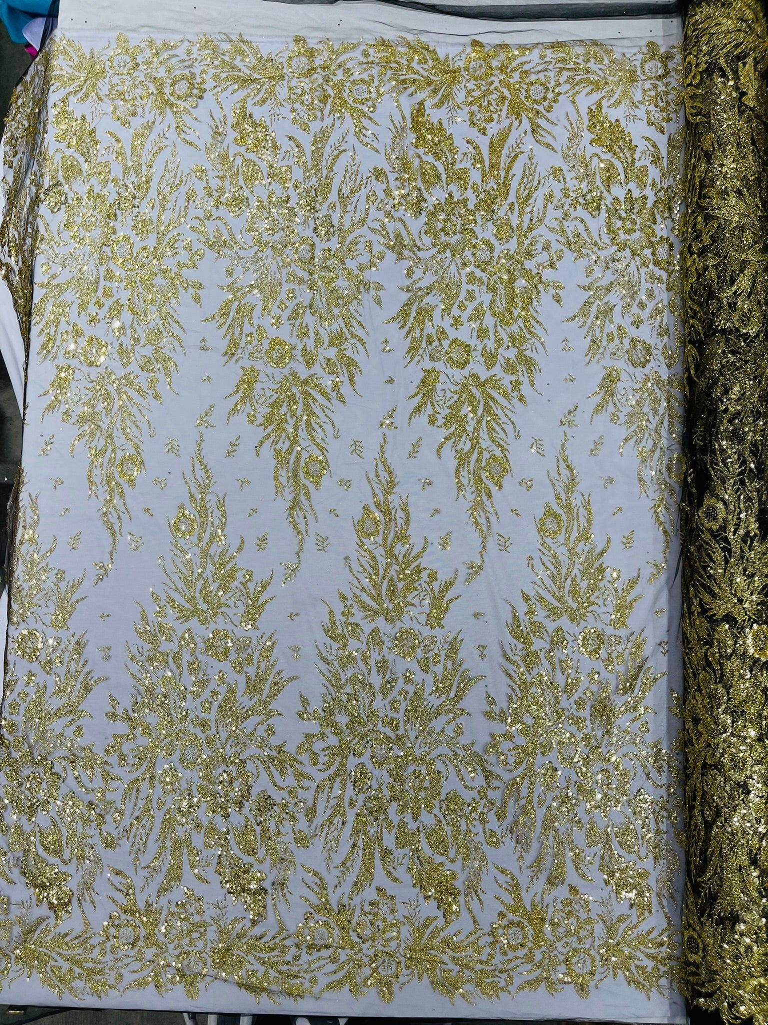 Big Glitter Damask Design On A Mesh Lace Fabric| New Creations Fabric & Foam Inc. - New Creations Fabric & Foam Inc