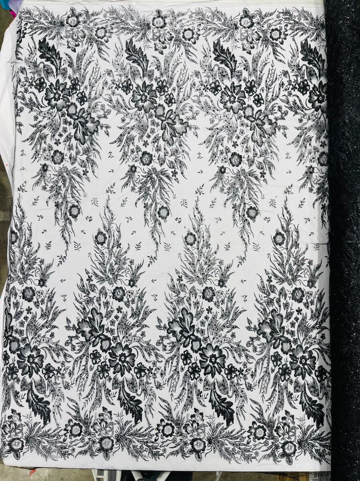 Big Glitter Damask Design On A Mesh Lace Fabric| New Creations Fabric & Foam Inc. - New Creations Fabric & Foam Inc