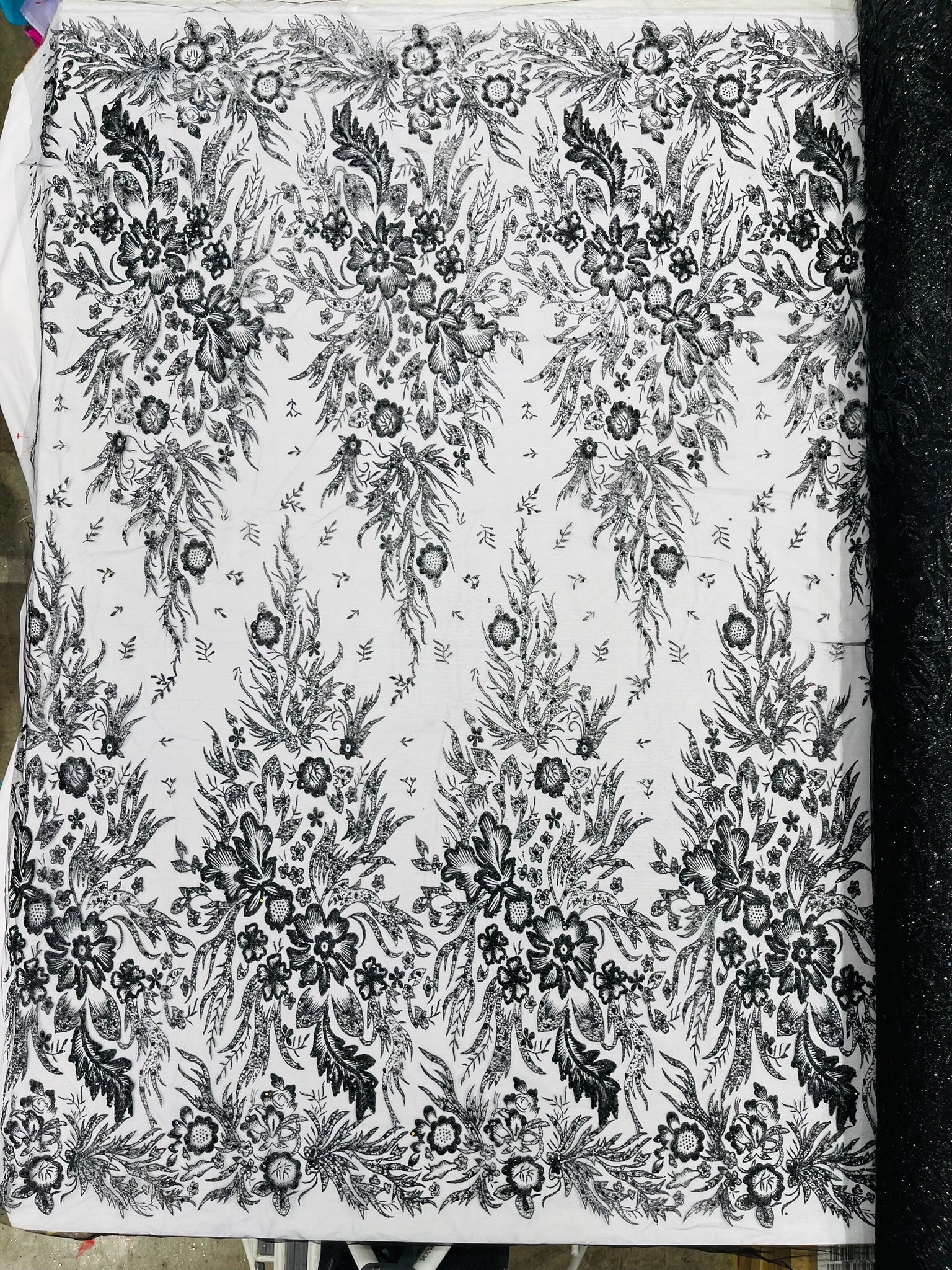 Big Glitter Damask Design On A Mesh Lace Fabric| New Creations Fabric & Foam Inc. - New Creations Fabric & Foam Inc