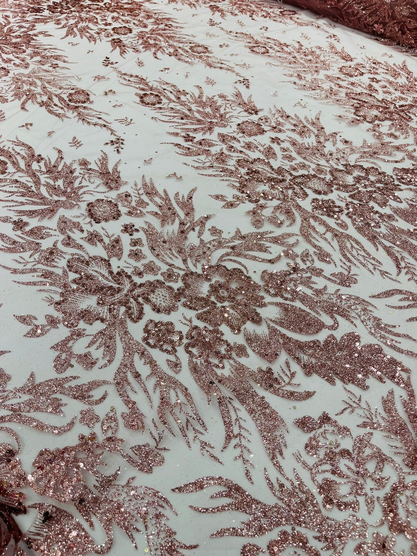 Big Glitter Damask Design On A Mesh Lace Fabric| New Creations Fabric & Foam Inc. - New Creations Fabric & Foam Inc