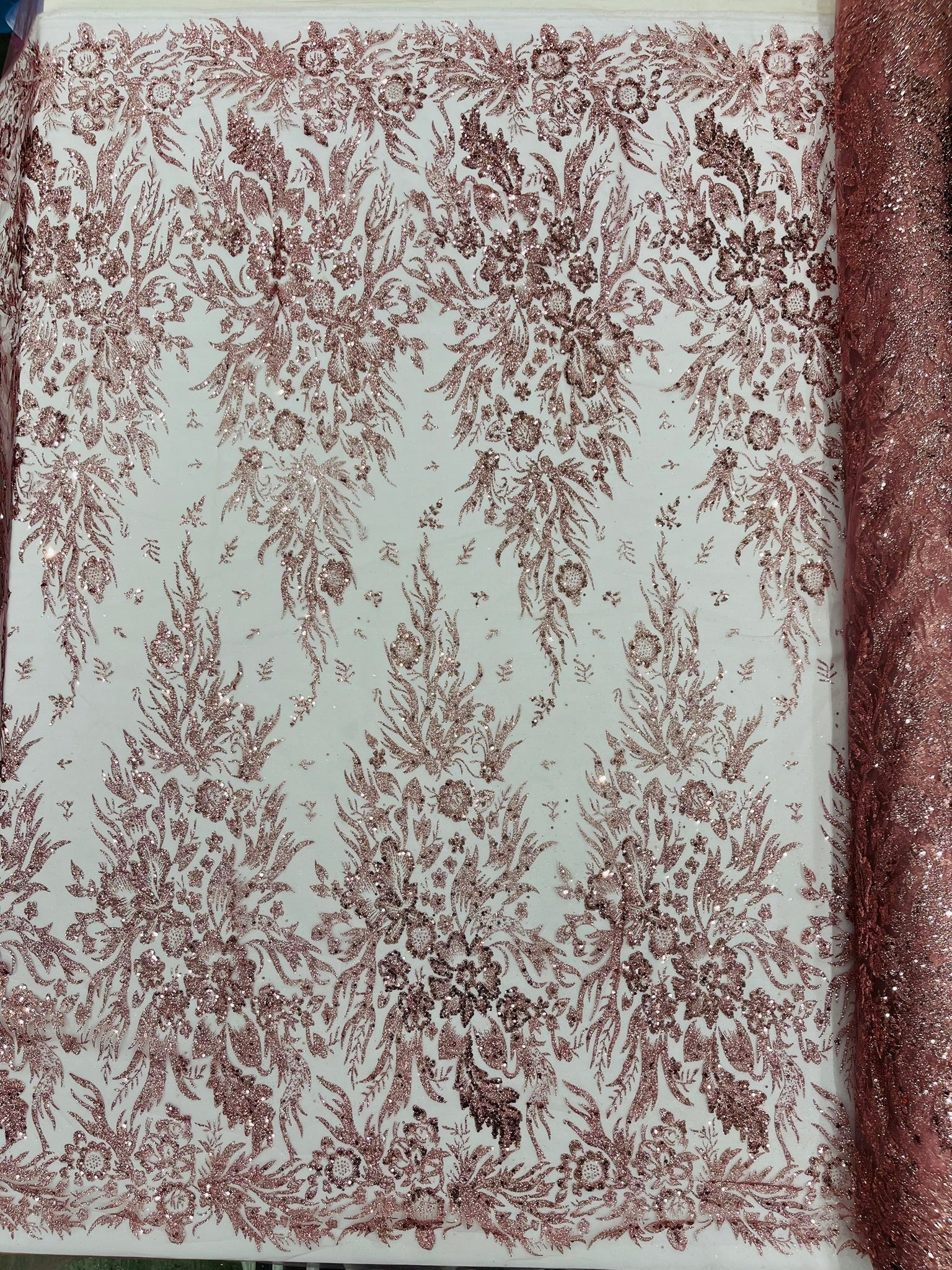 Big Glitter Damask Design On A Mesh Lace Fabric| New Creations Fabric & Foam Inc. - New Creations Fabric & Foam Inc