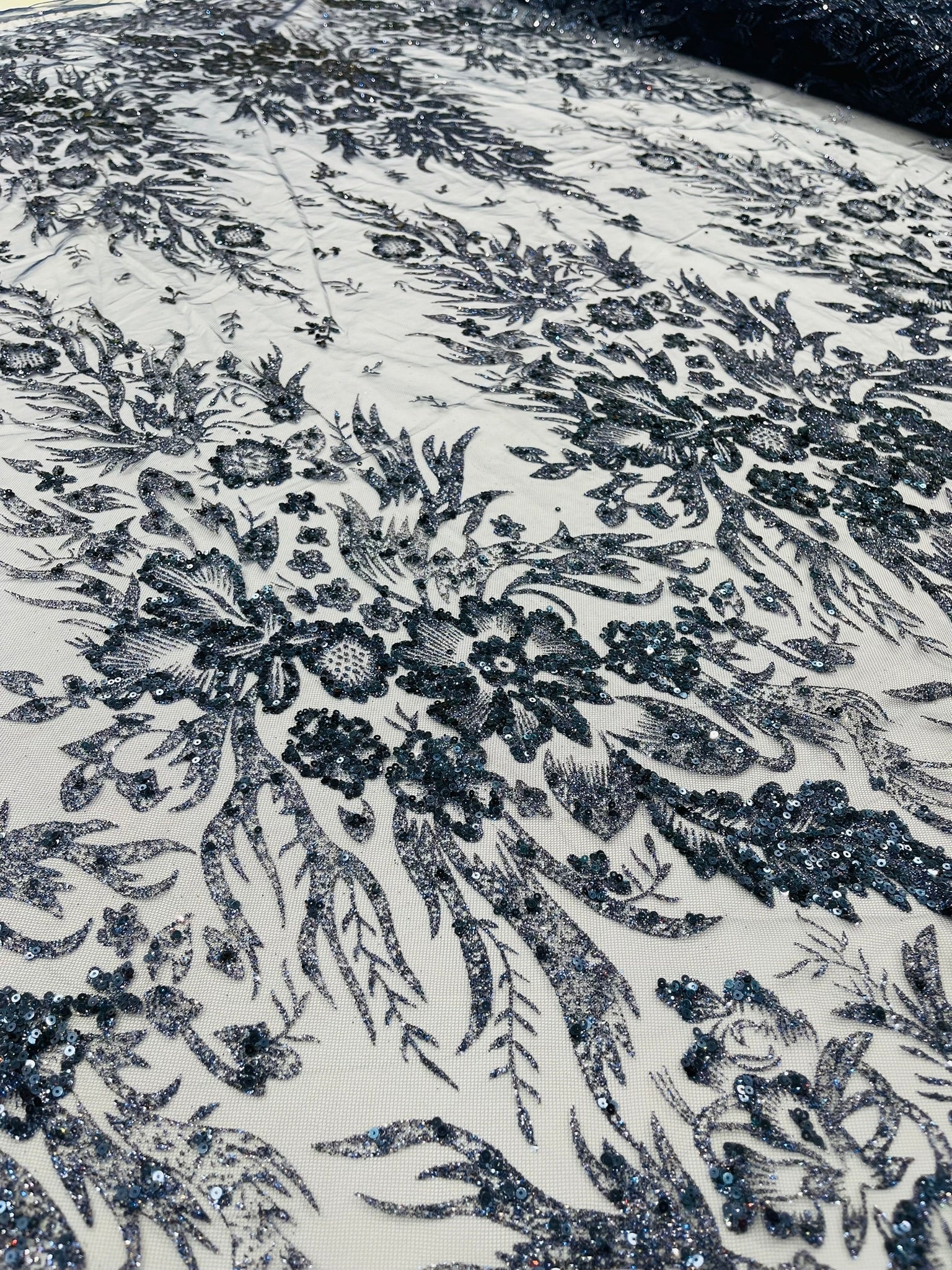 Big Glitter Damask Design On A Mesh Lace Fabric| New Creations Fabric & Foam Inc. - New Creations Fabric & Foam Inc