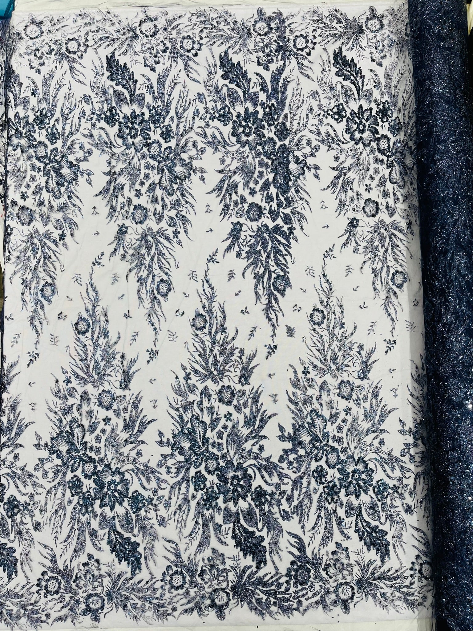 Big Glitter Damask Design On A Mesh Lace Fabric| New Creations Fabric & Foam Inc. - New Creations Fabric & Foam Inc