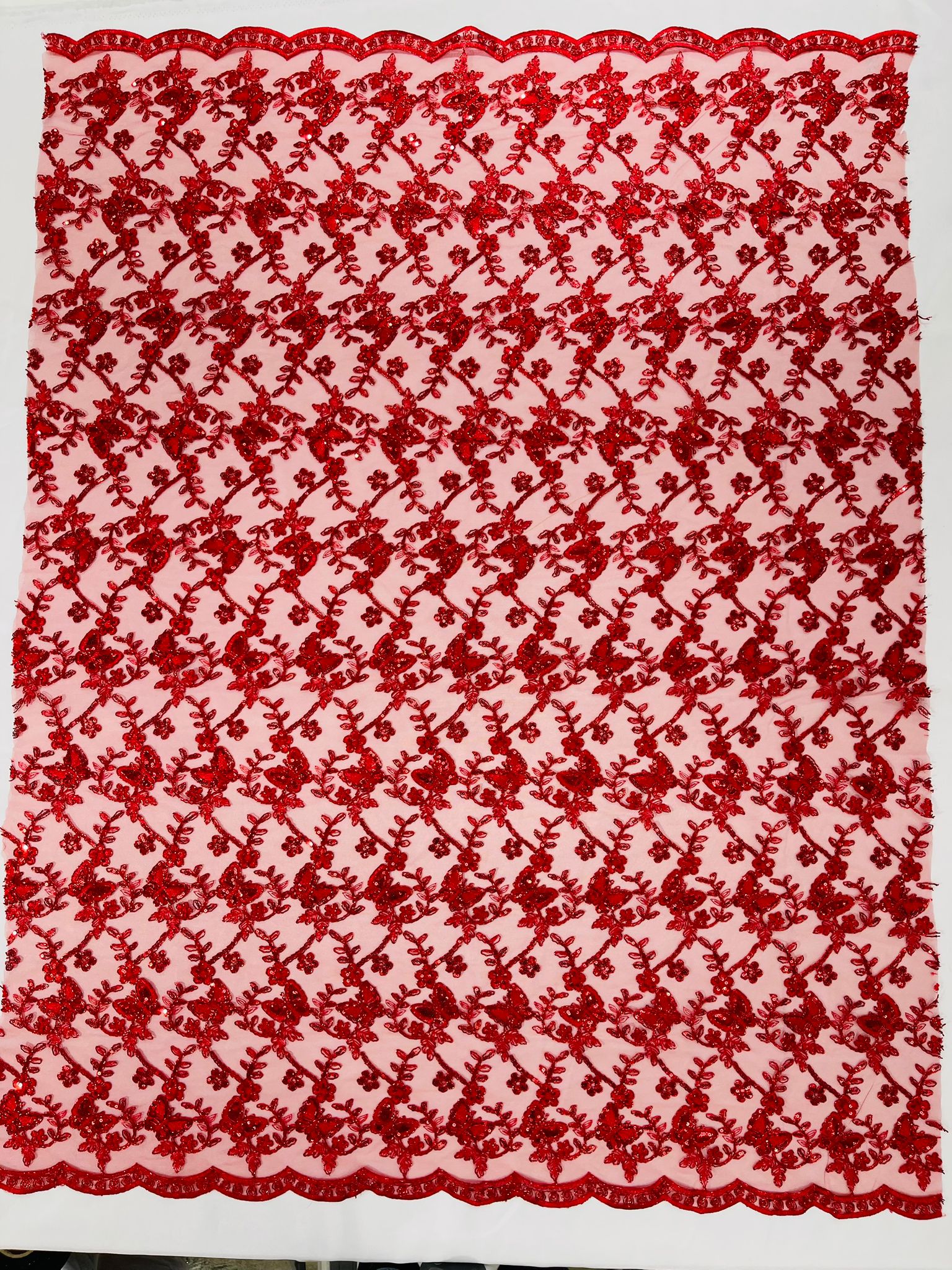 Corded Lace/ Butterfly Design Embroidered With Sequin on a Mesh Lace Fabric - New Creations Fabric & Foam Inc