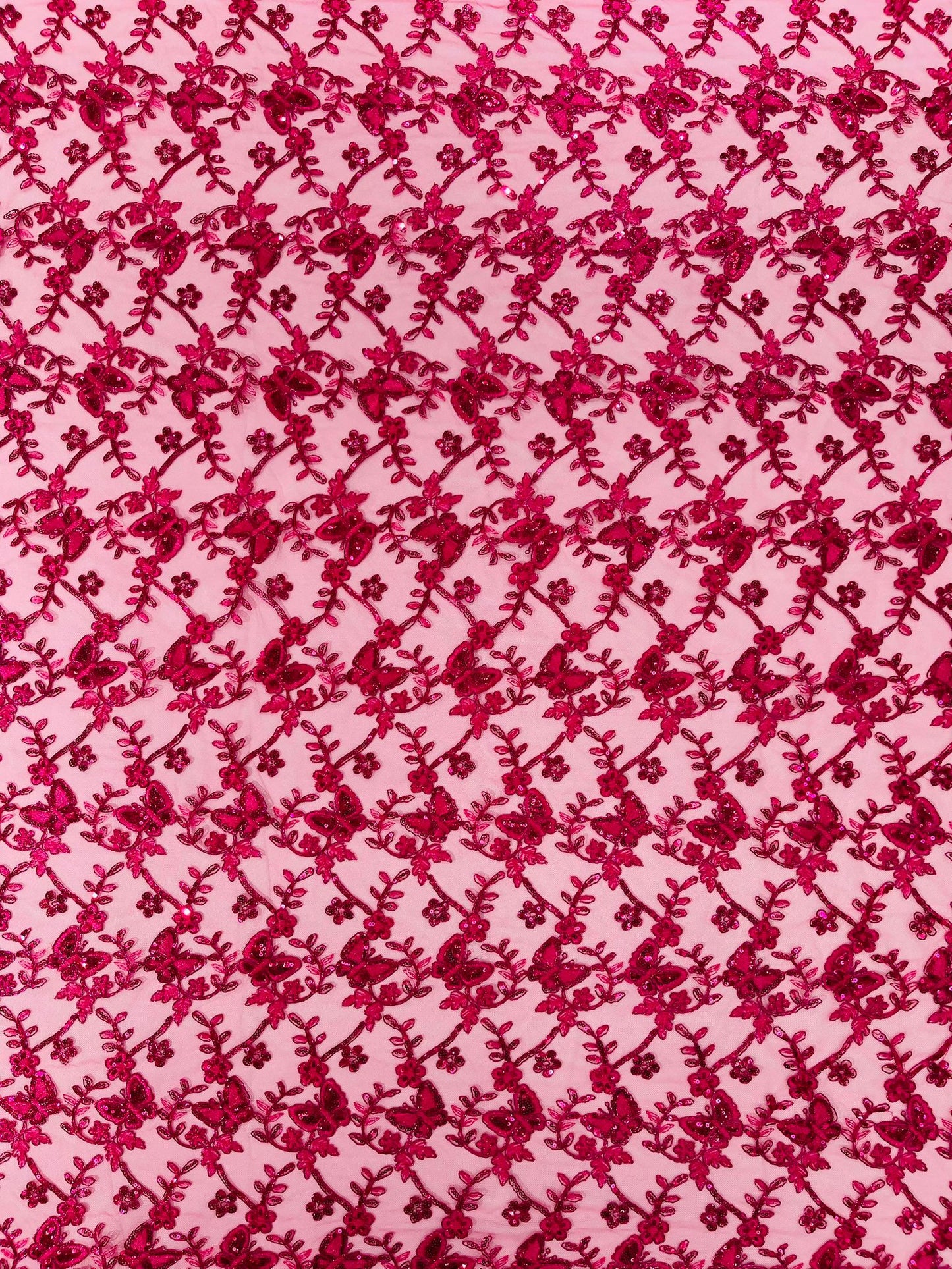 Corded Lace/ Butterfly Design Embroidered With Sequin on a Mesh Lace Fabric - New Creations Fabric & Foam Inc