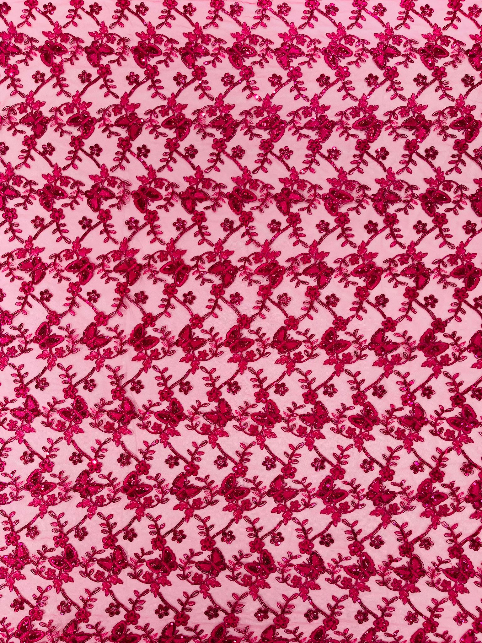 Corded Lace/ Butterfly Design Embroidered With Sequin on a Mesh Lace Fabric - New Creations Fabric & Foam Inc