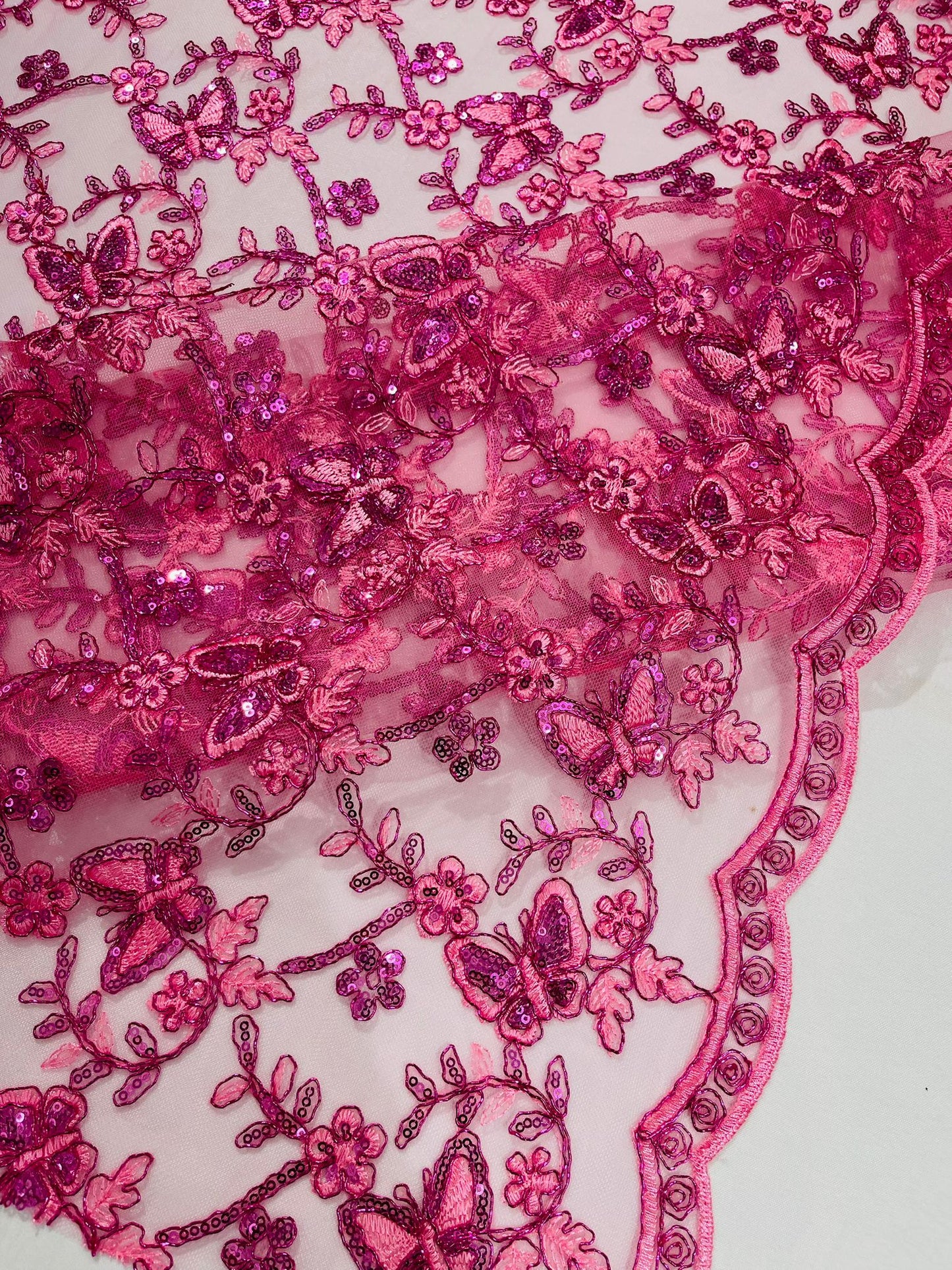 Corded Lace/ Butterfly Design Embroidered With Sequin on a Mesh Lace Fabric - New Creations Fabric & Foam Inc