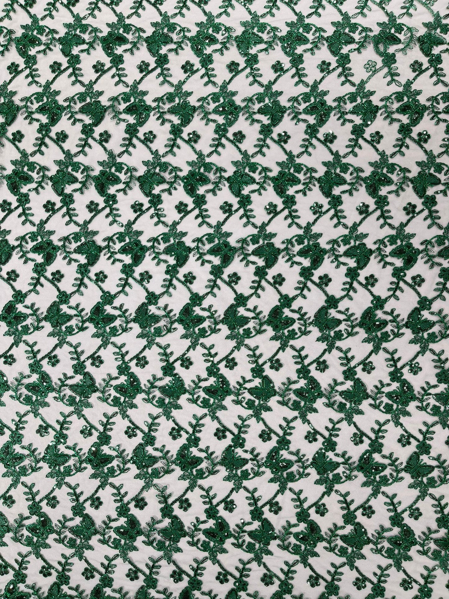 Corded Lace/ Butterfly Design Embroidered With Sequin on a Mesh Lace Fabric - New Creations Fabric & Foam Inc