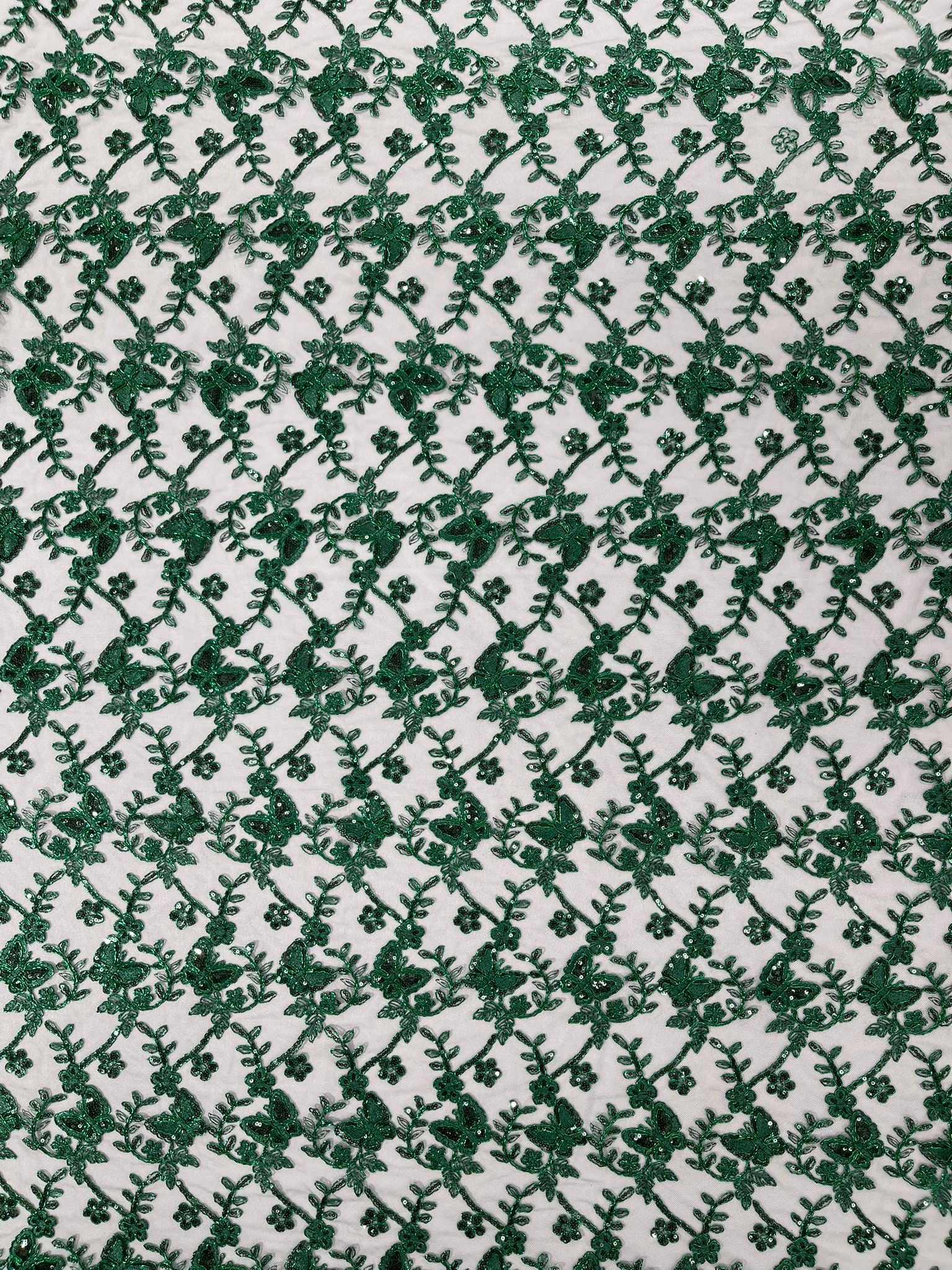 Corded Lace/ Butterfly Design Embroidered With Sequin on a Mesh Lace Fabric - New Creations Fabric & Foam Inc