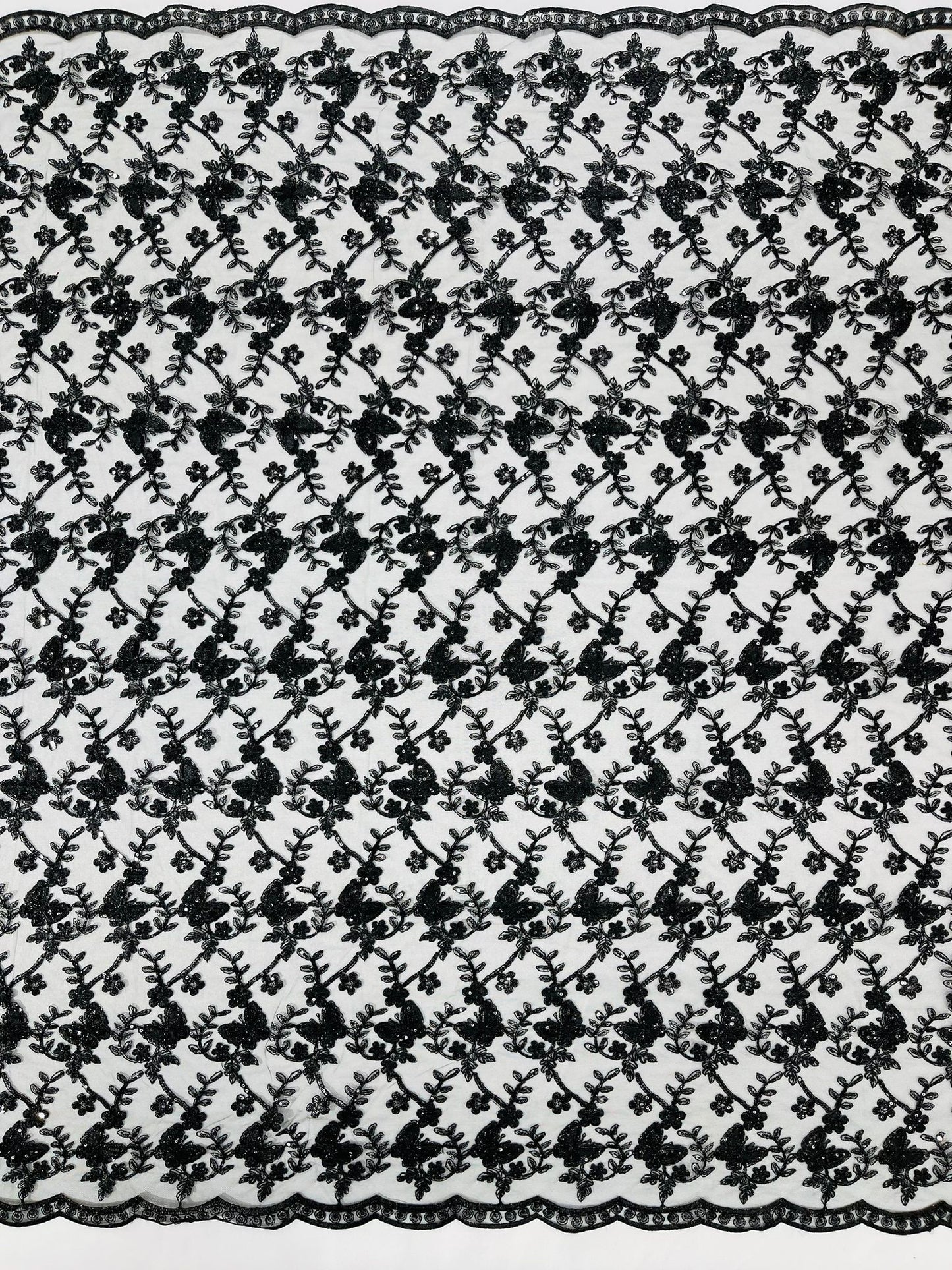 Corded Lace/ Butterfly Design Embroidered With Sequin on a Mesh Lace Fabric - New Creations Fabric & Foam Inc