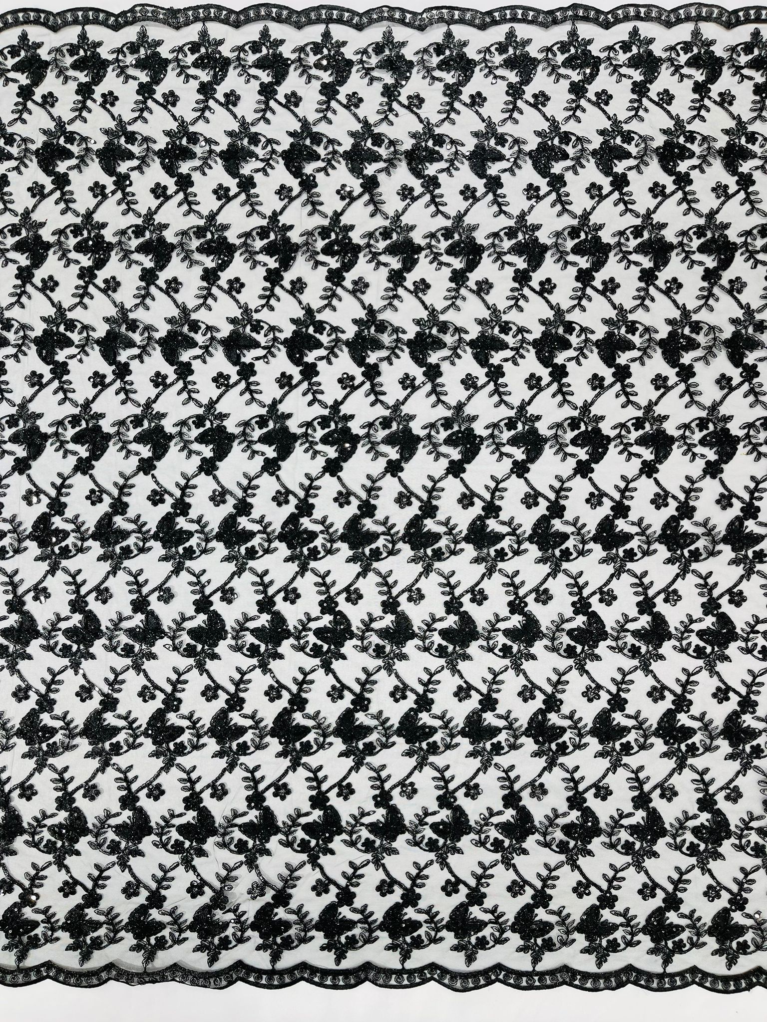 Corded Lace/ Butterfly Design Embroidered With Sequin on a Mesh Lace Fabric - New Creations Fabric & Foam Inc