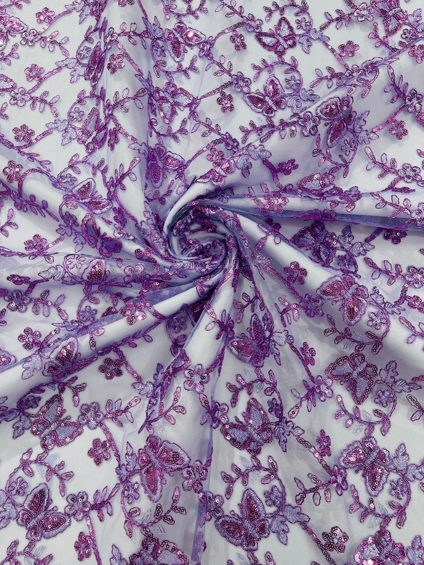 Corded Lace/ Butterfly Design Embroidered With Sequin on a Mesh Lace Fabric - New Creations Fabric & Foam Inc