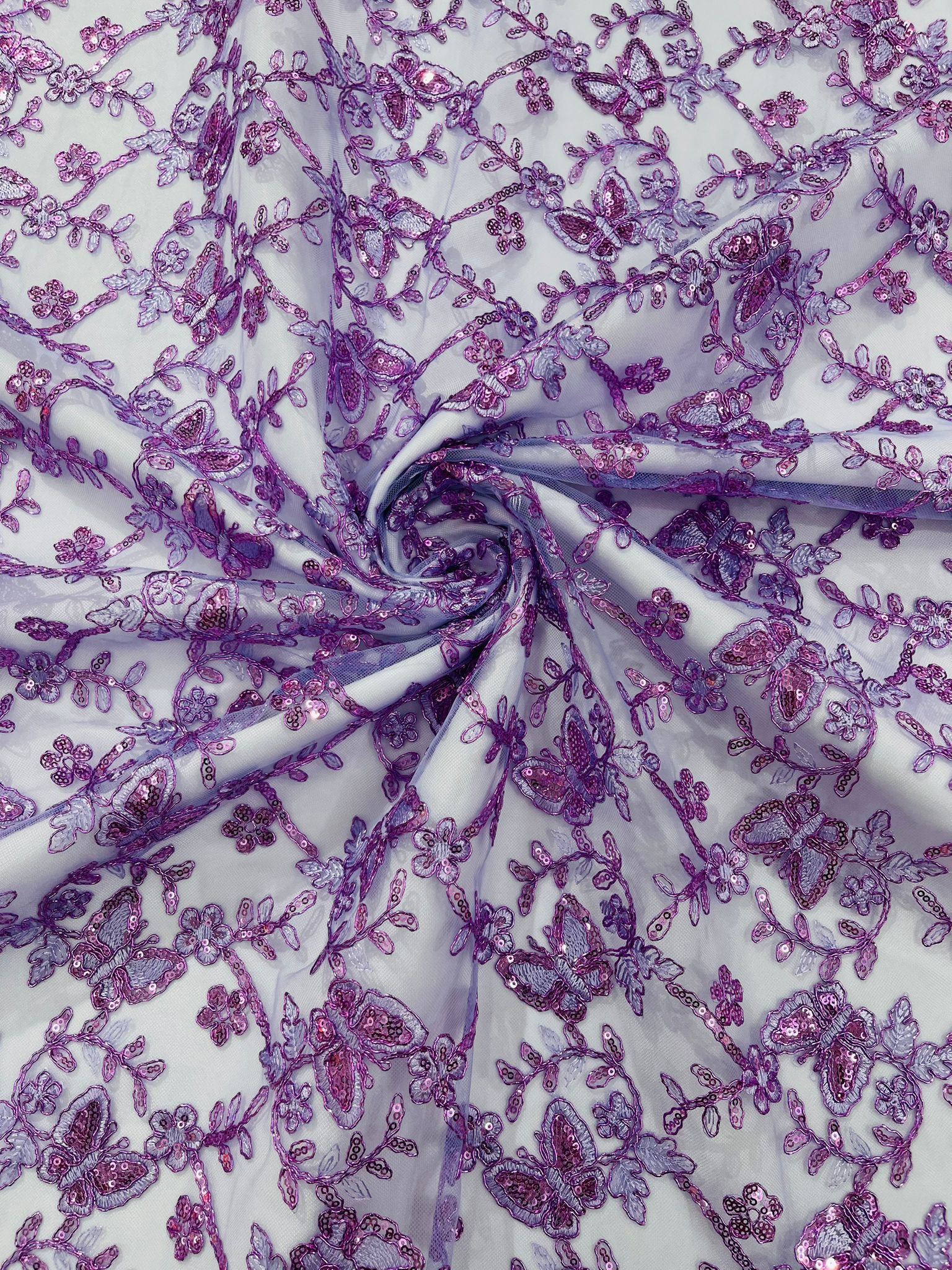 Corded Lace/ Butterfly Design Embroidered With Sequin on a Mesh Lace Fabric - New Creations Fabric & Foam Inc