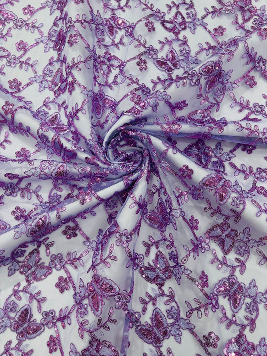 Corded Lace/ Butterfly Design Embroidered With Sequin on a Mesh Lace Fabric - New Creations Fabric & Foam Inc