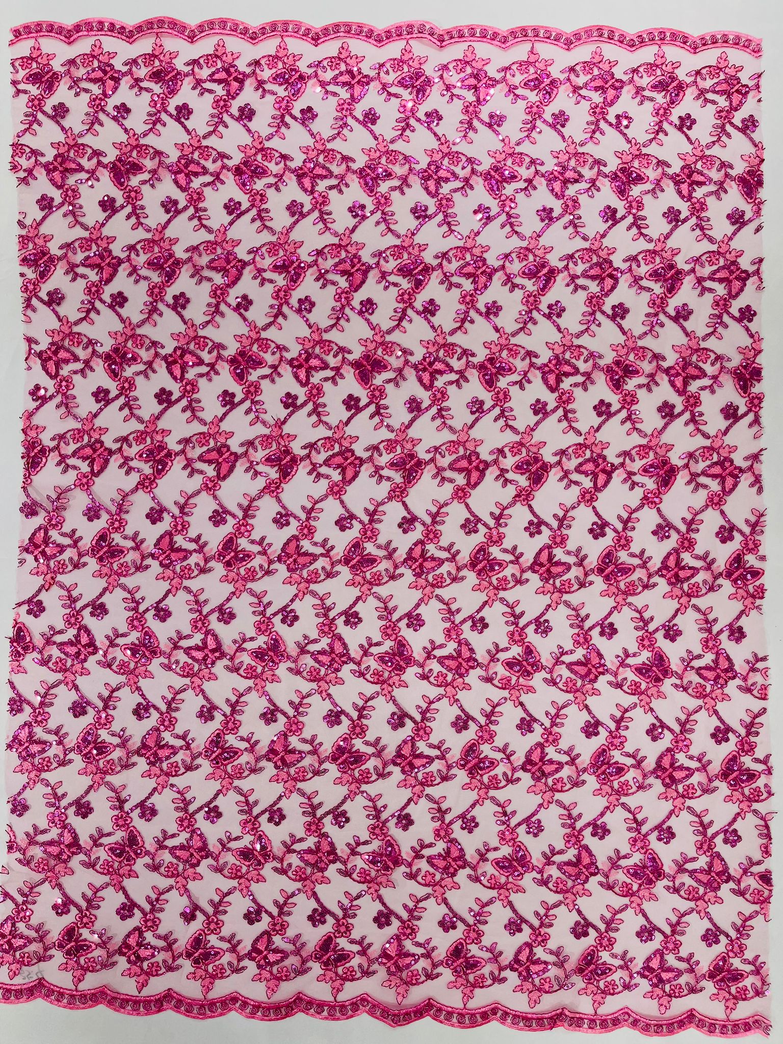 Corded Lace/ Butterfly Design Embroidered With Sequin on a Mesh Lace Fabric - New Creations Fabric & Foam Inc