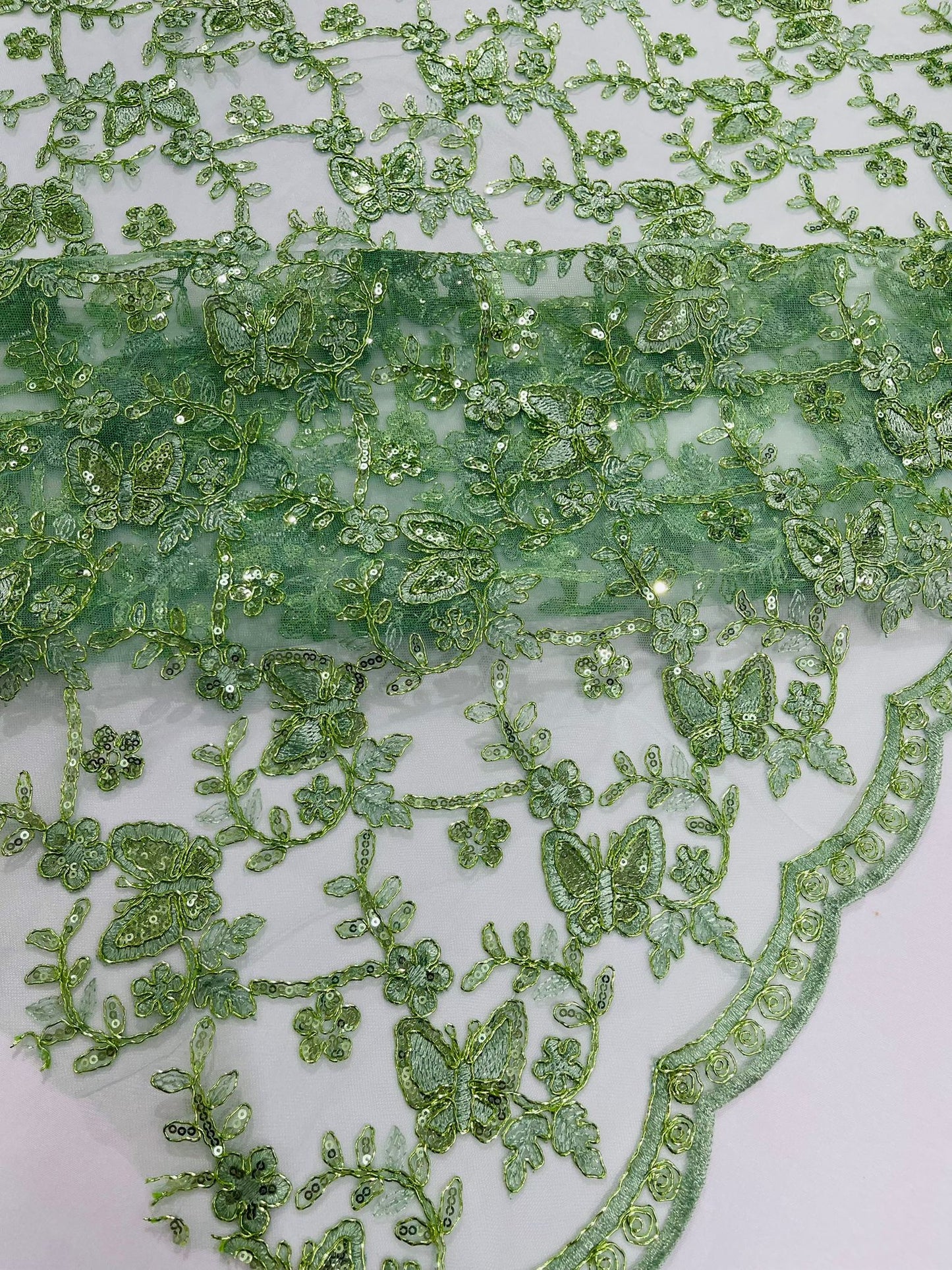 Corded Lace/ Butterfly Design Embroidered With Sequin on a Mesh Lace Fabric - New Creations Fabric & Foam Inc