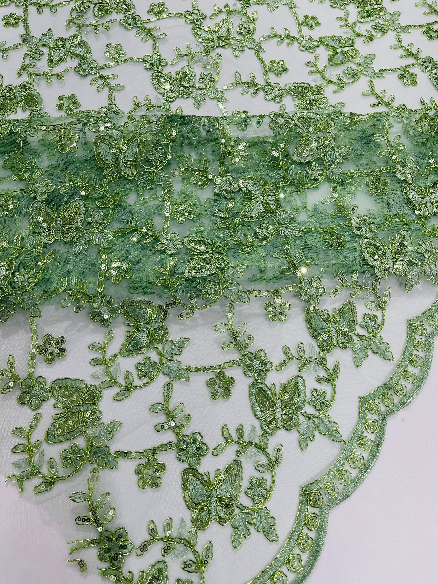 Corded Lace/ Butterfly Design Embroidered With Sequin on a Mesh Lace Fabric - New Creations Fabric & Foam Inc