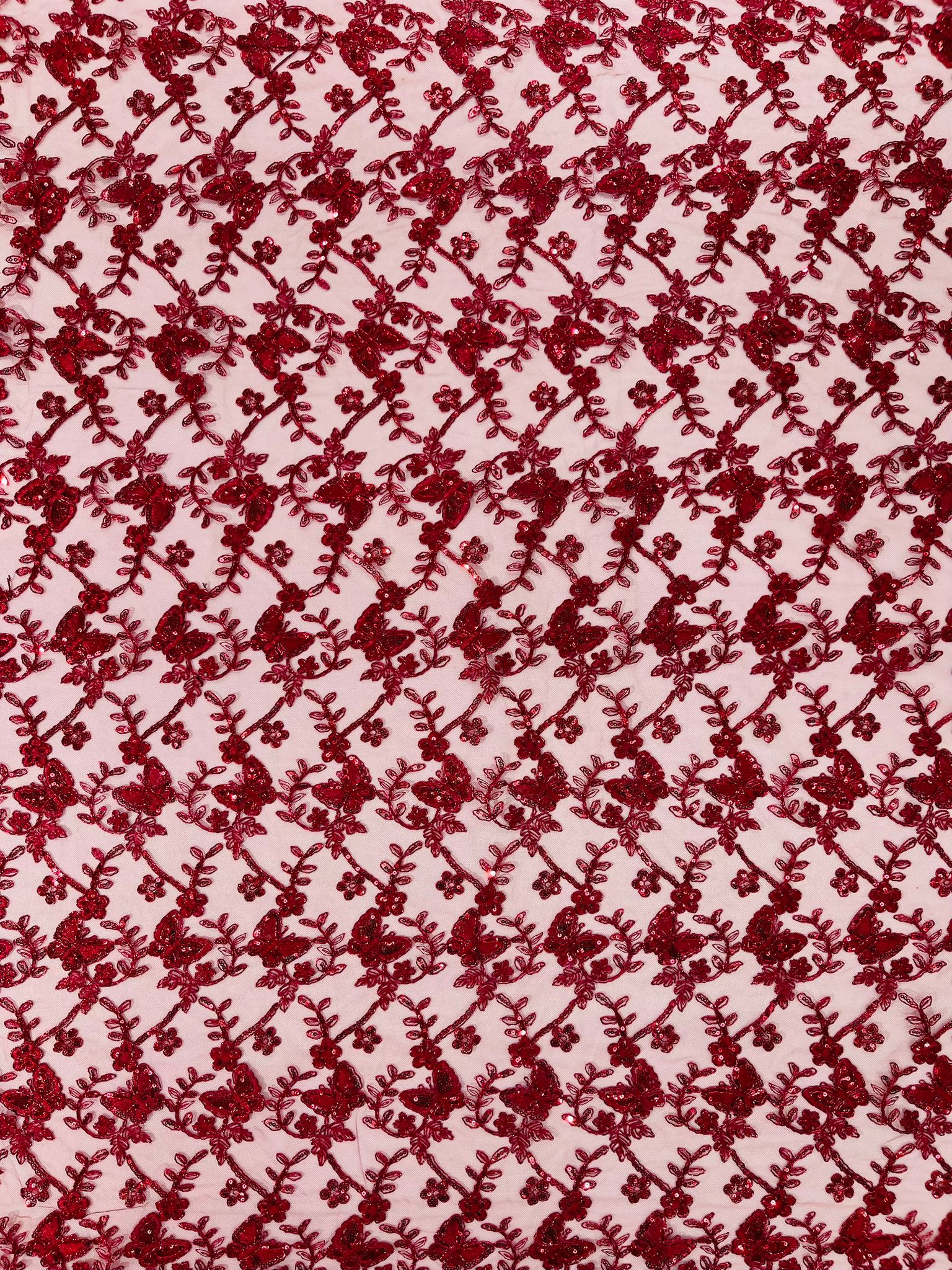 Corded Lace/ Butterfly Design Embroidered With Sequin on a Mesh Lace Fabric - New Creations Fabric & Foam Inc