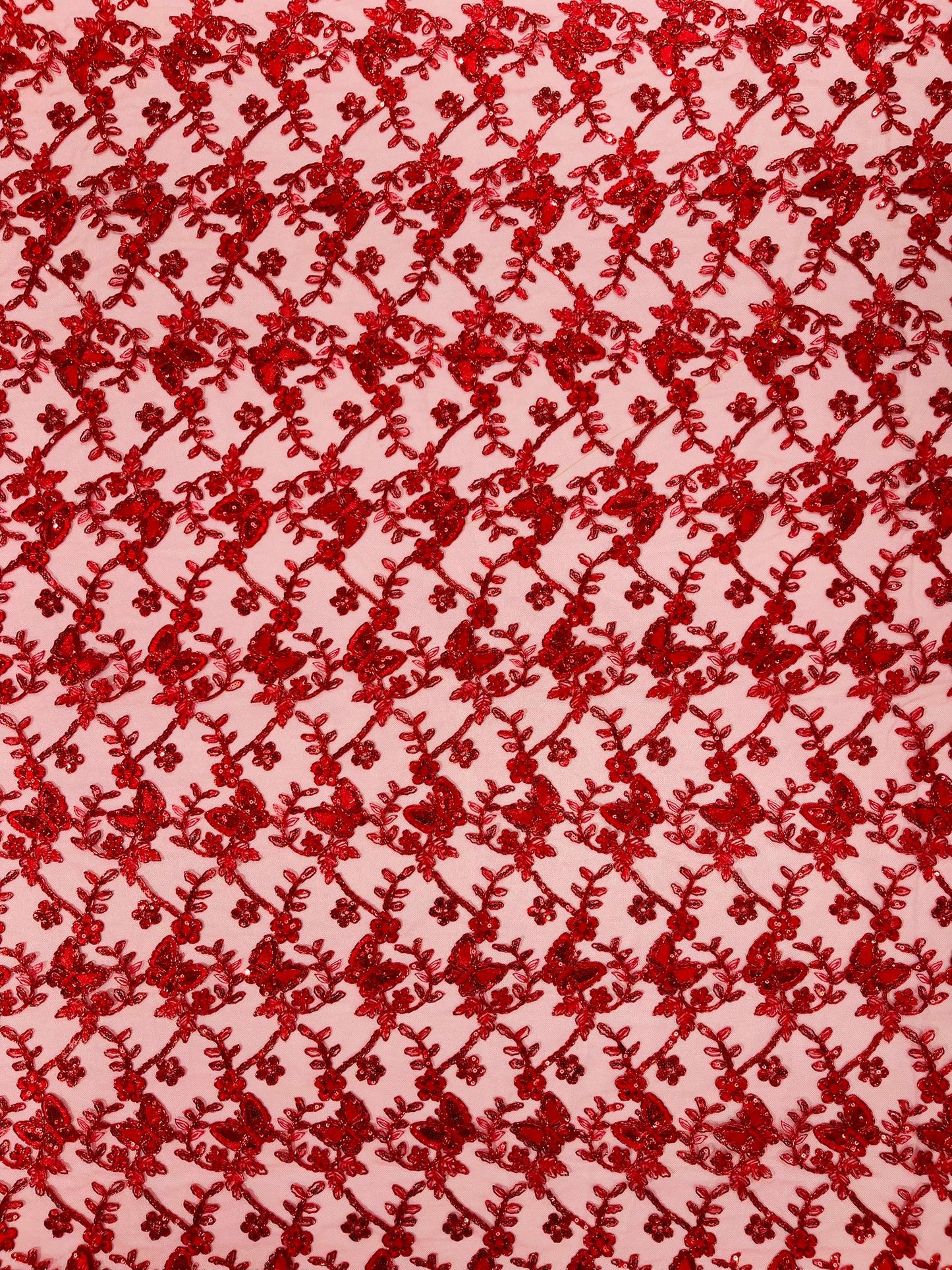 Corded Lace/ Butterfly Design Embroidered With Sequin on a Mesh Lace Fabric - New Creations Fabric & Foam Inc