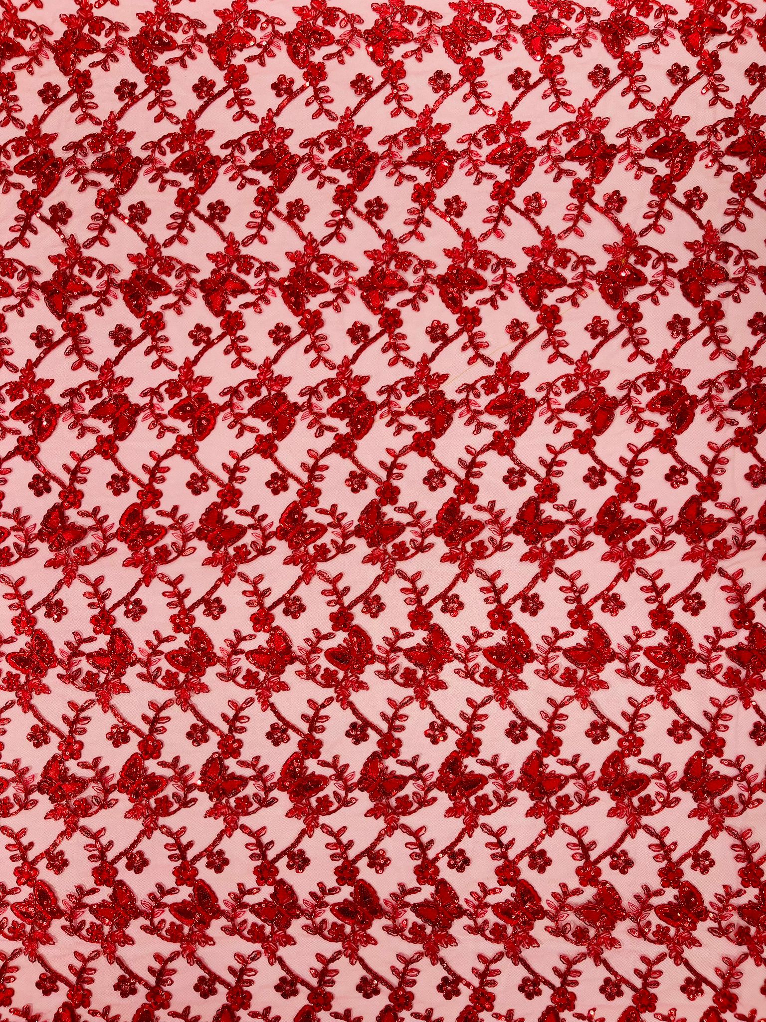 Corded Lace/ Butterfly Design Embroidered With Sequin on a Mesh Lace Fabric - New Creations Fabric & Foam Inc