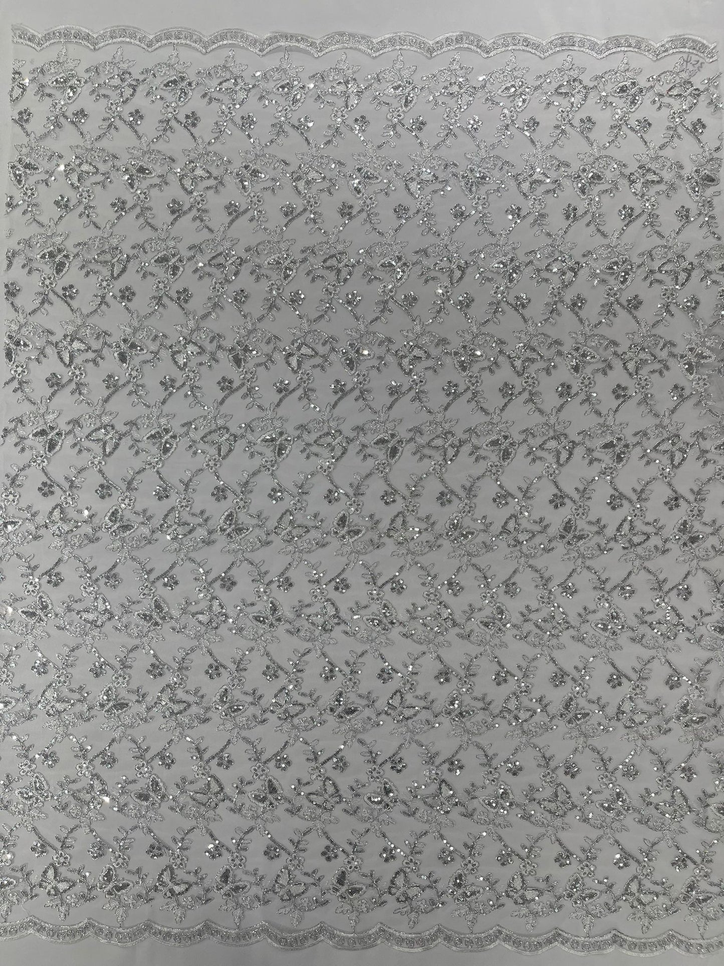 Corded Lace/ Butterfly Design Embroidered With Sequin on a Mesh Lace Fabric - New Creations Fabric & Foam Inc
