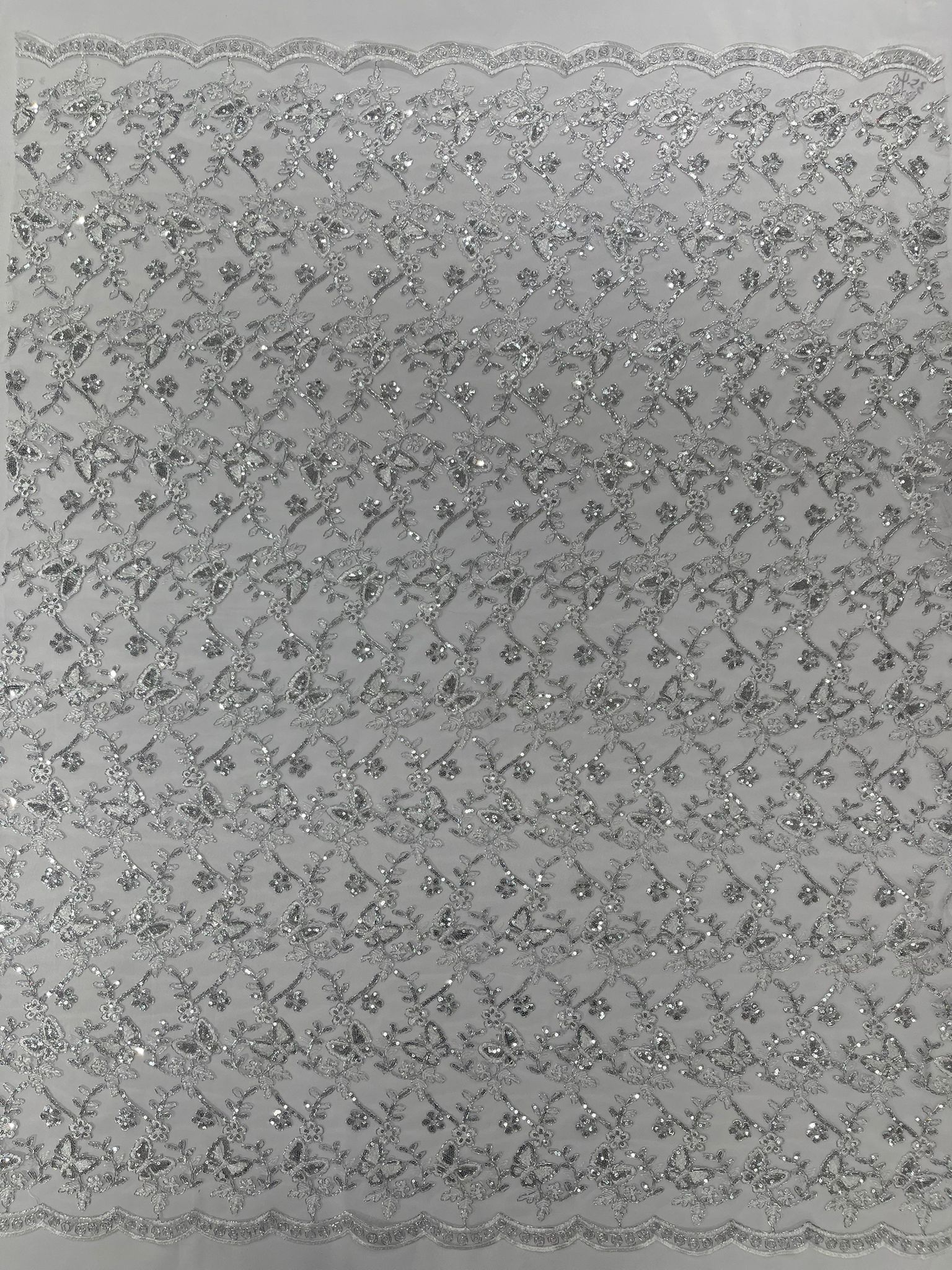 Corded Lace/ Butterfly Design Embroidered With Sequin on a Mesh Lace Fabric - New Creations Fabric & Foam Inc